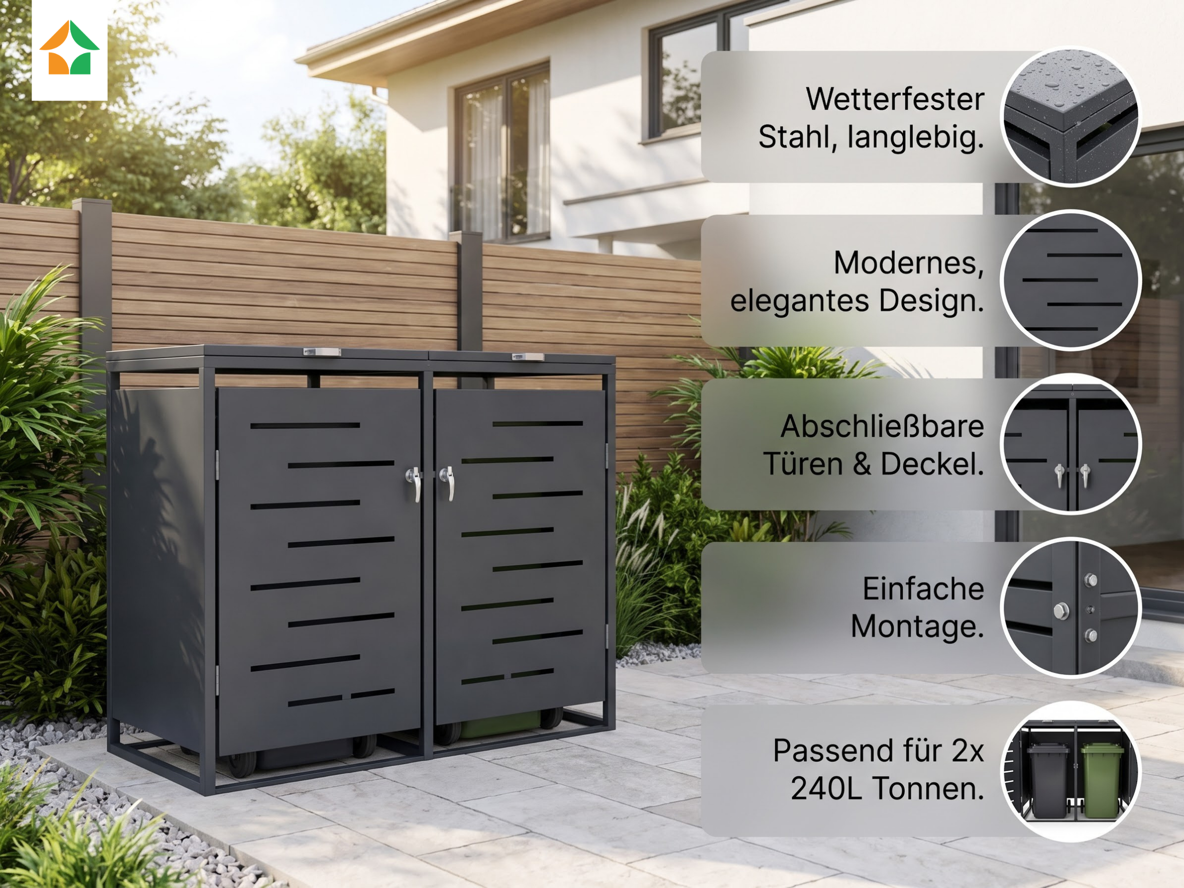2er Mülltonnenbox Müllbox aus Stahl – wetterfeste Mülltonnenverkleidung
