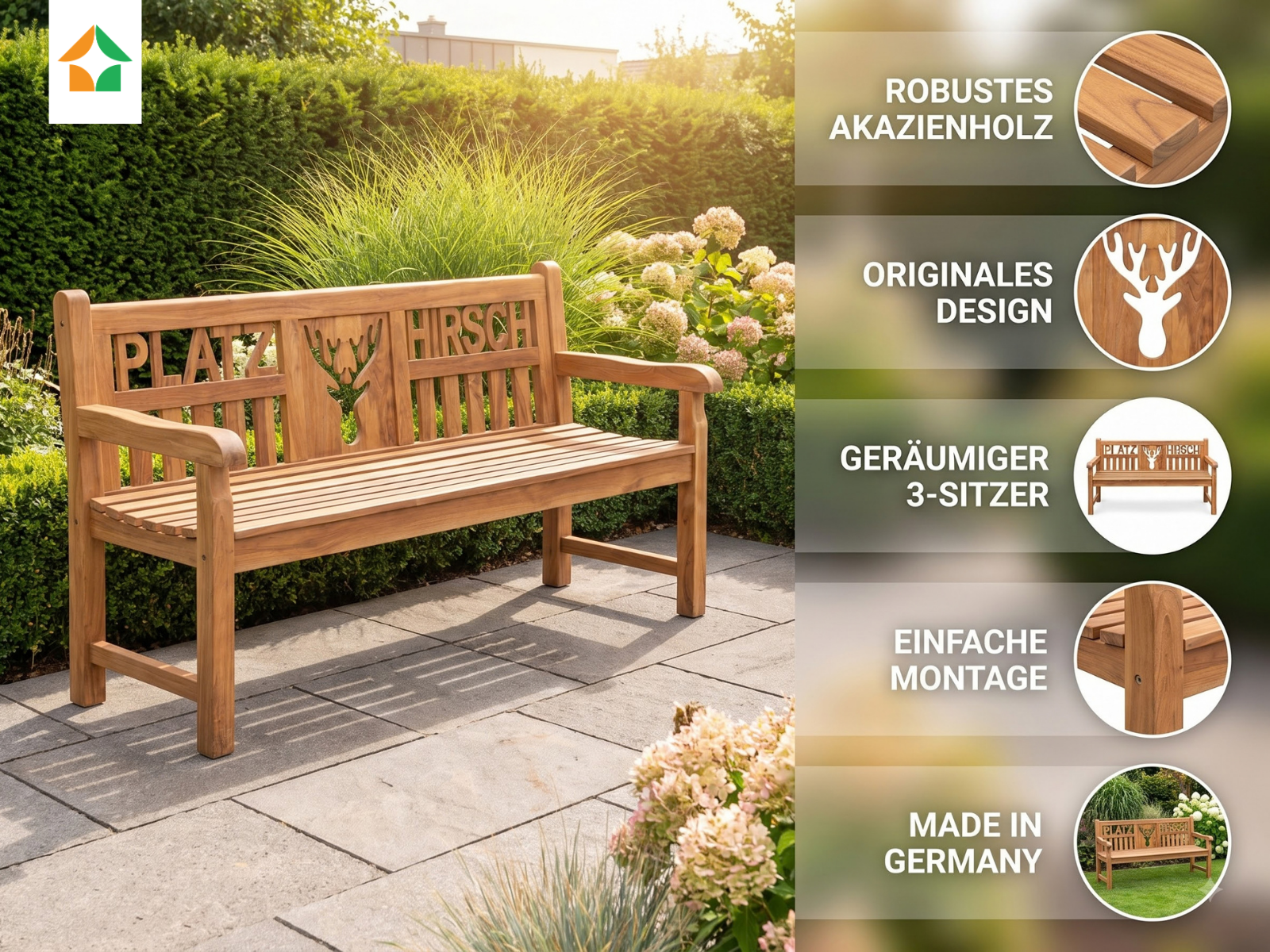 Gartenbank PLATZHIRSCH 3-Sitzer aus Akazienholz, 150 × 62 × 89 cm