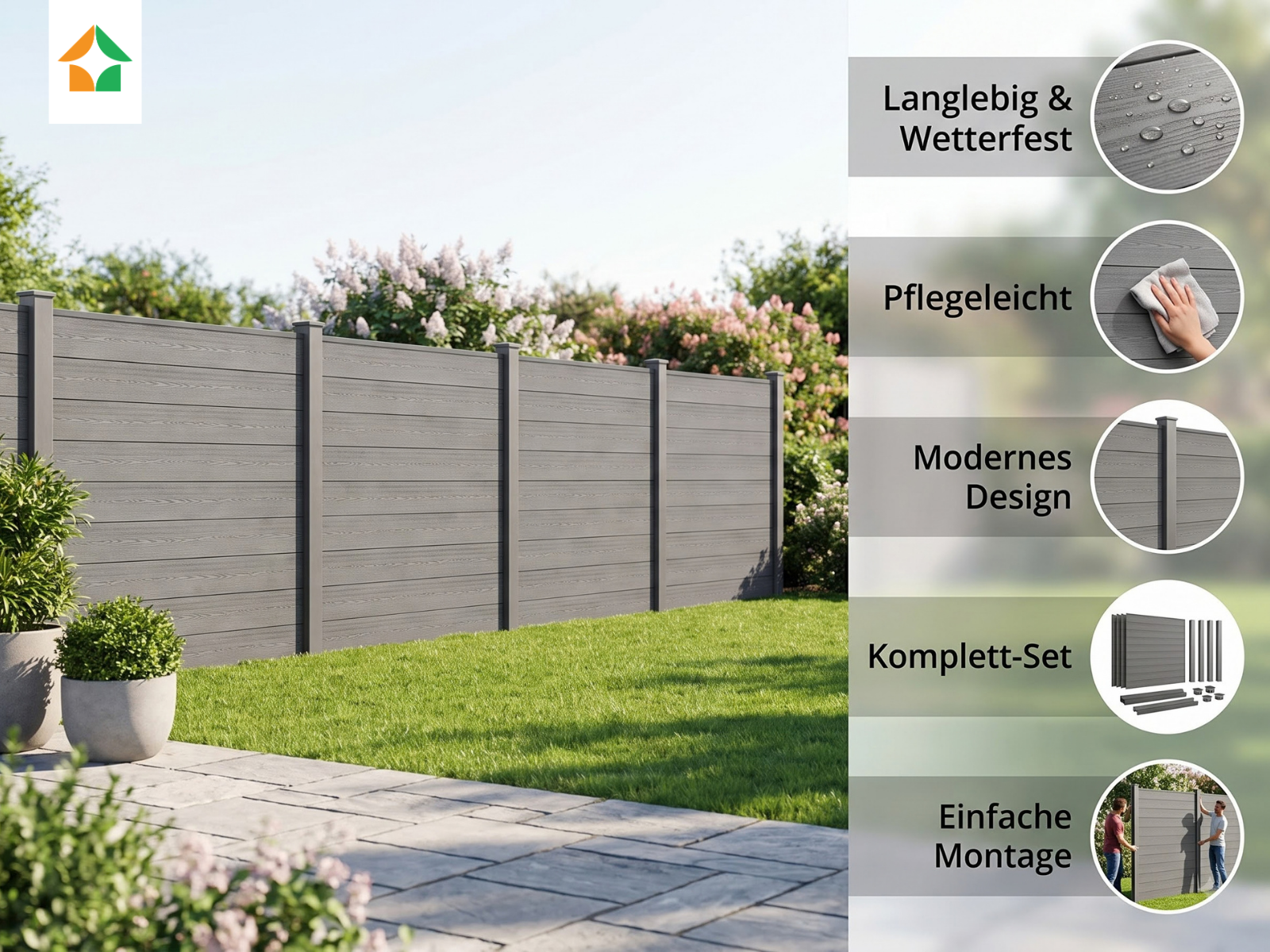 WPC Sichtschutzzaun CARACAS Set 4x Zaunelemente + 5x Pfosten - Grau