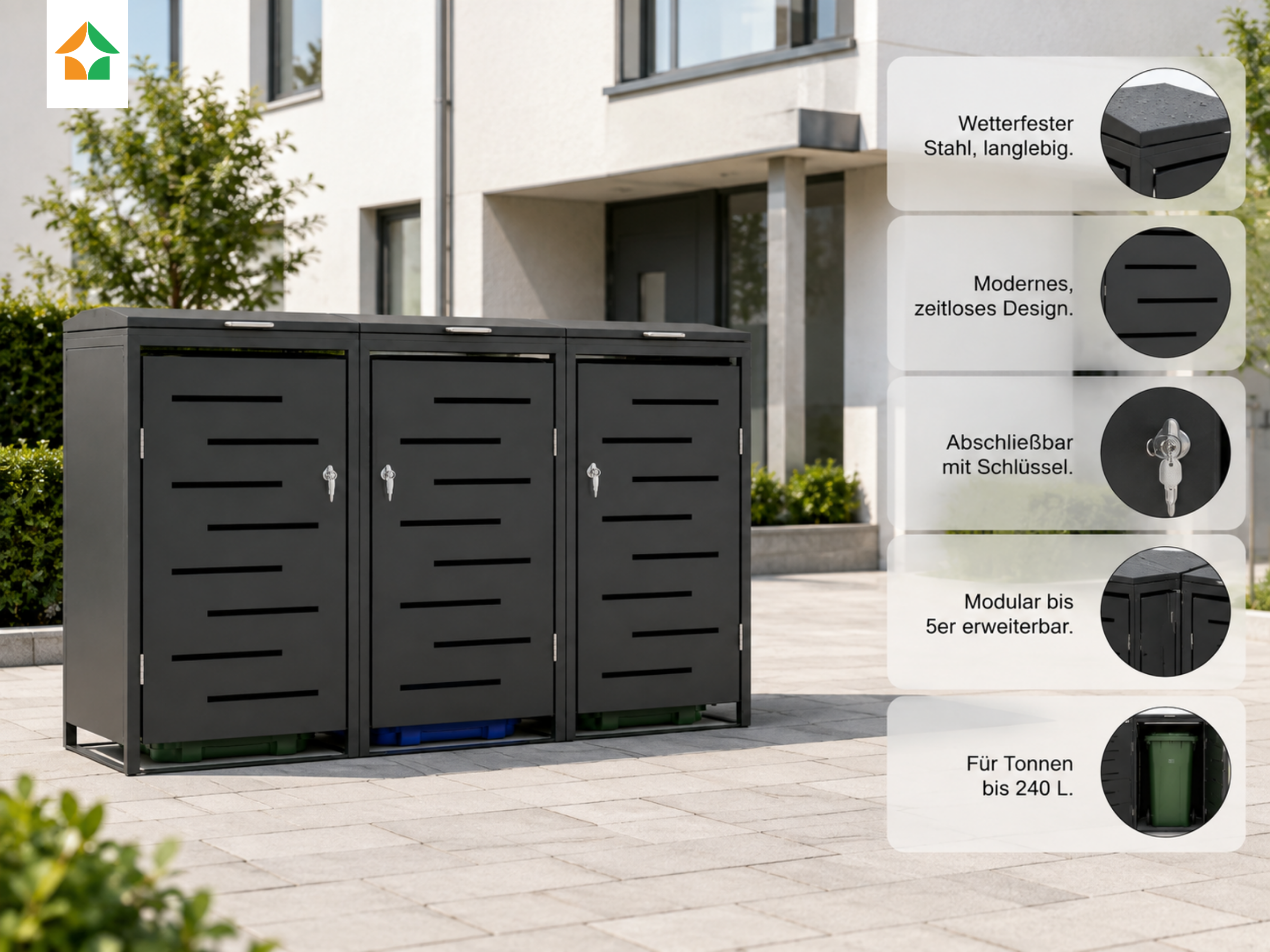 3er Mülltonnenbox Müllbox aus Stahl – wetterfeste Mülltonnenverkleidung