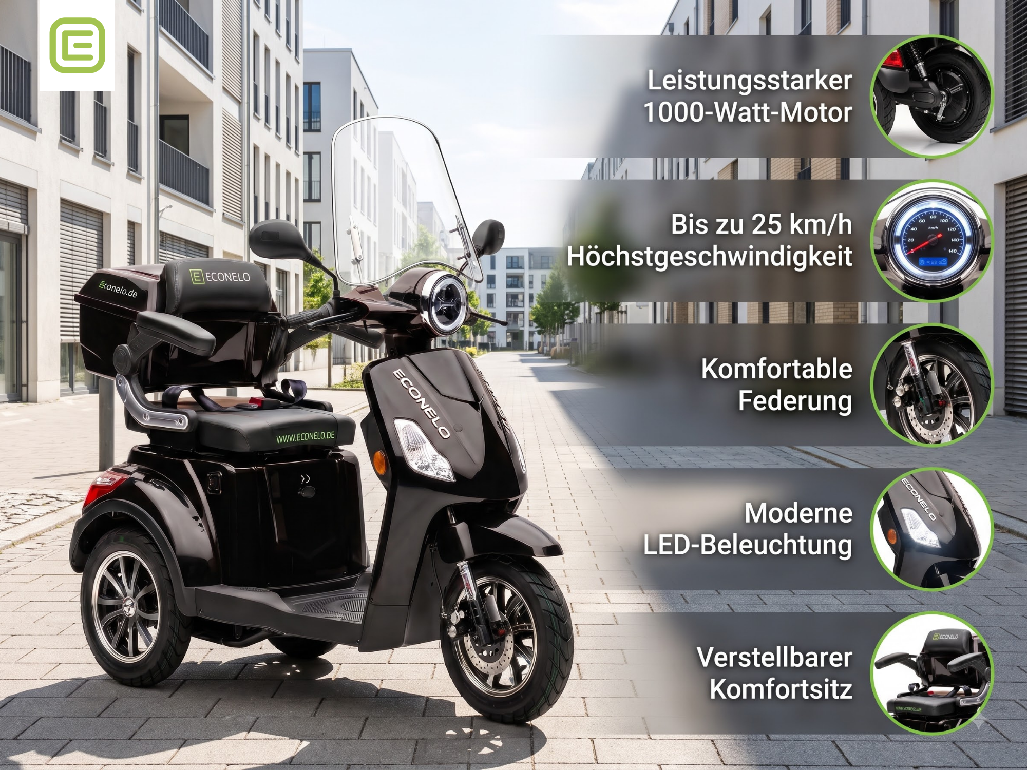 E-Seniorenmobil Denia, Blei-Akku, 3-Rad, 1000 Watt, Schwarz