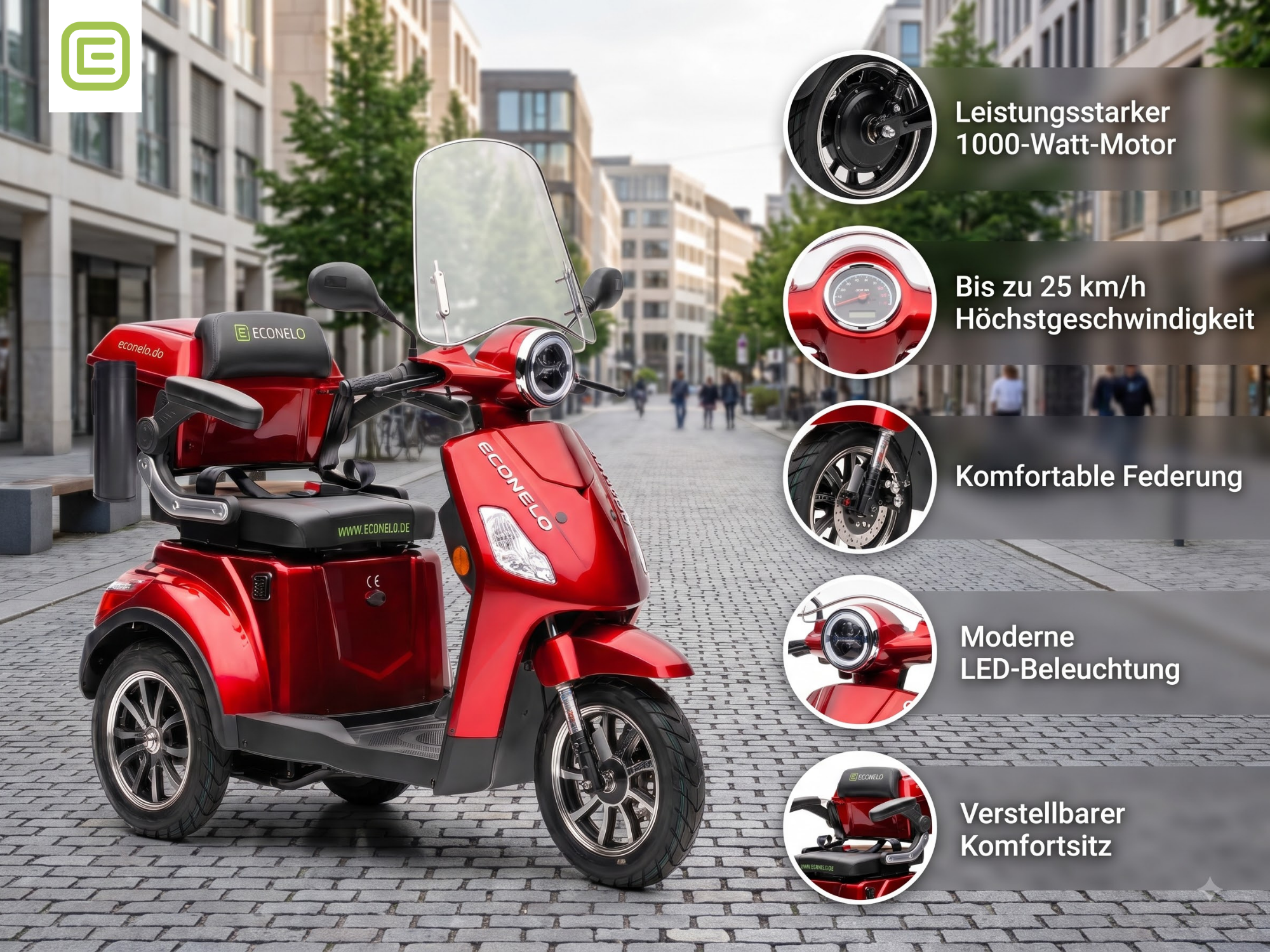 E-Seniorenmobil Denia, Blei-Akku, 3-Rad, 1000 Watt, Rot