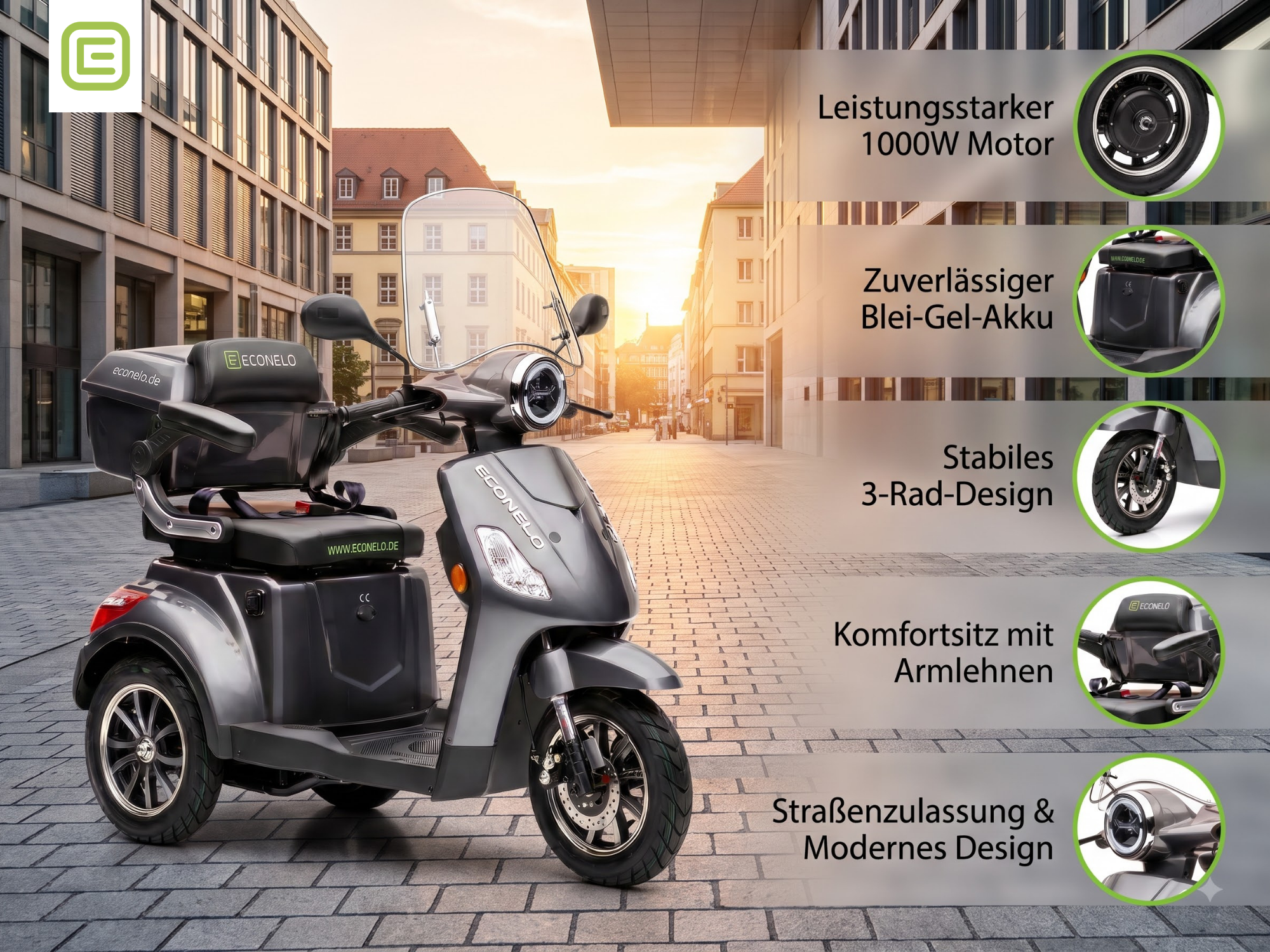 E-Seniorenmobil Denia, Blei-Akku, 3-Rad, 1000 Watt, Grau