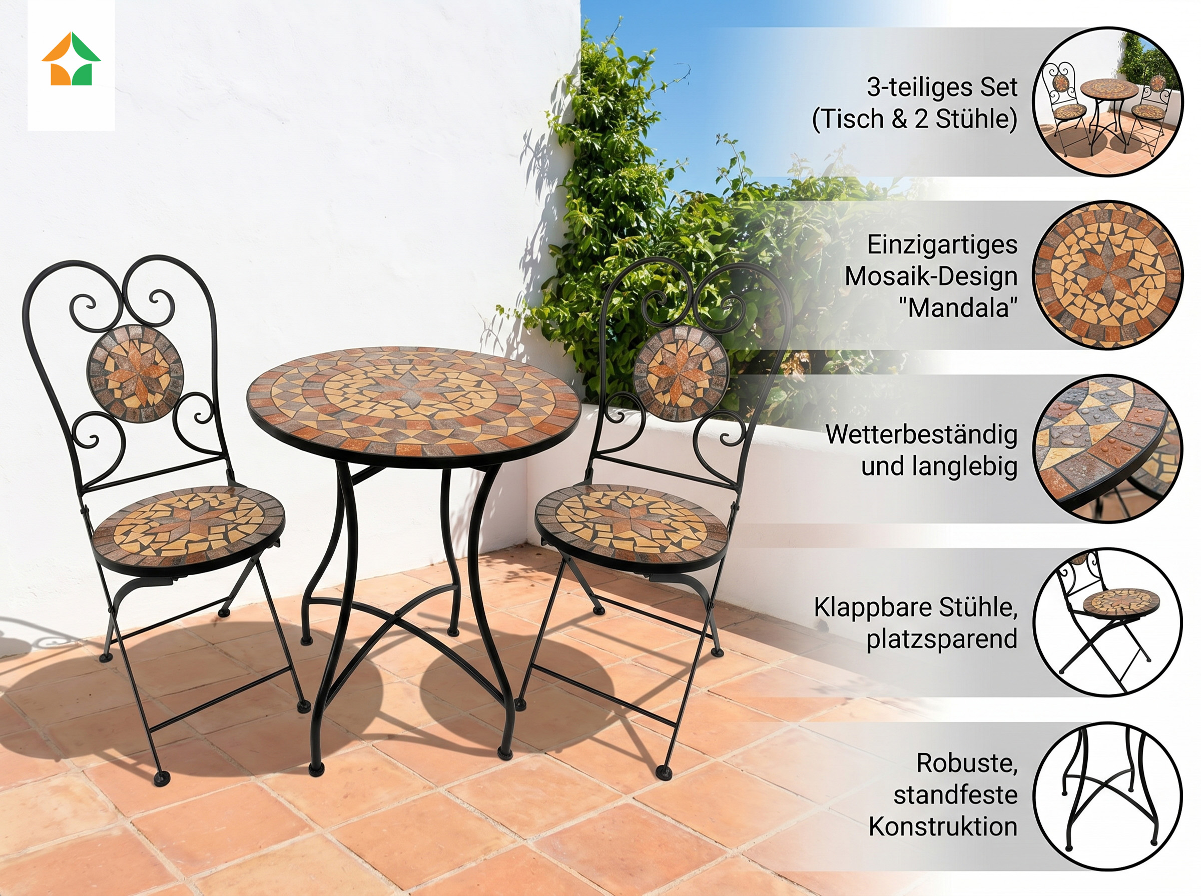 3.tlg Sitzgruppe Mosaik mit Tisch Ø 60 cm & 2 Stühlen MANDALA - Mehrfarbig