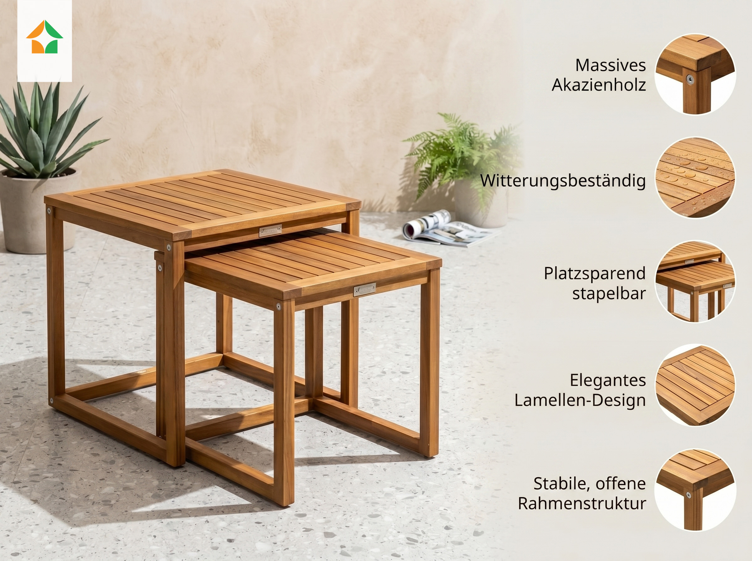 2er Garten Beistelltisch aus Akazienholz – Braun