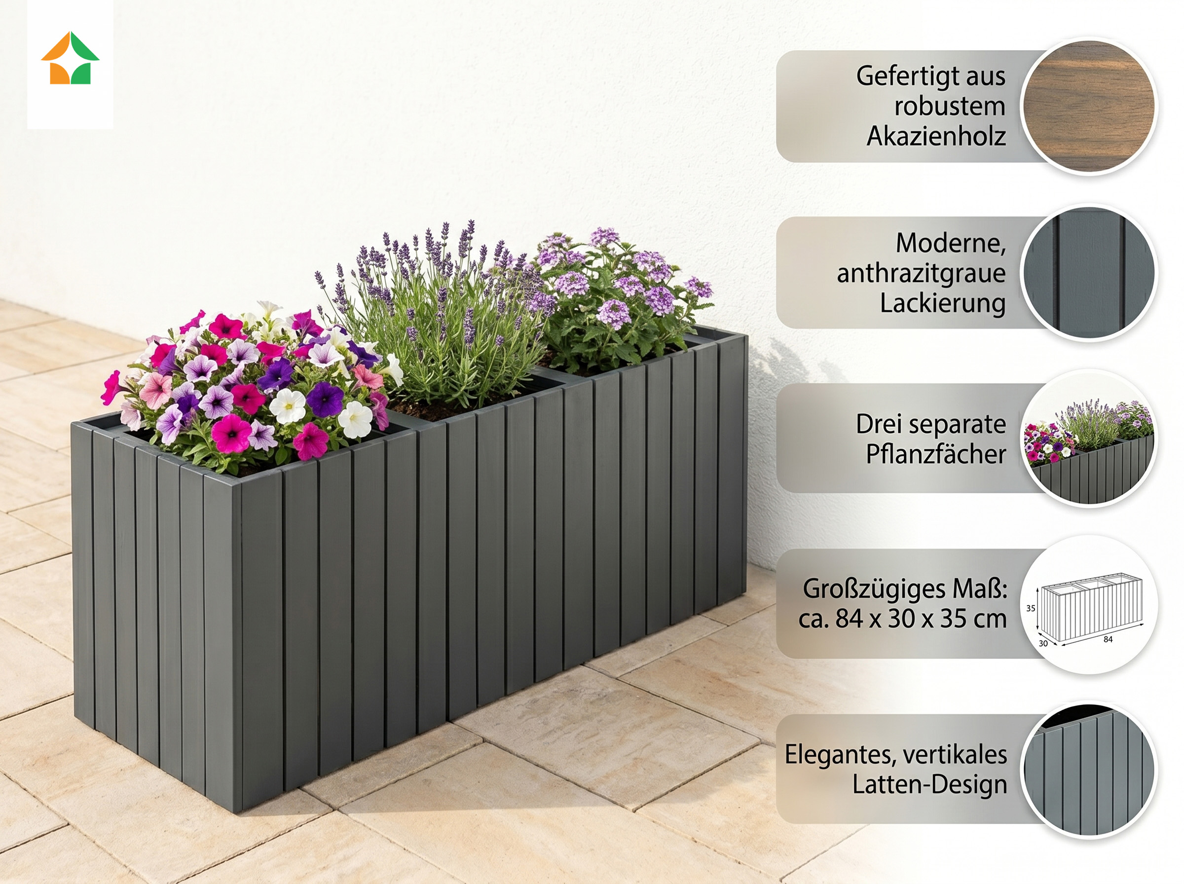 Pflanzkübel aus Akazienholz für 3 Pflanzen,  ca. 84 x 30 x 35 cm - Anthrazit