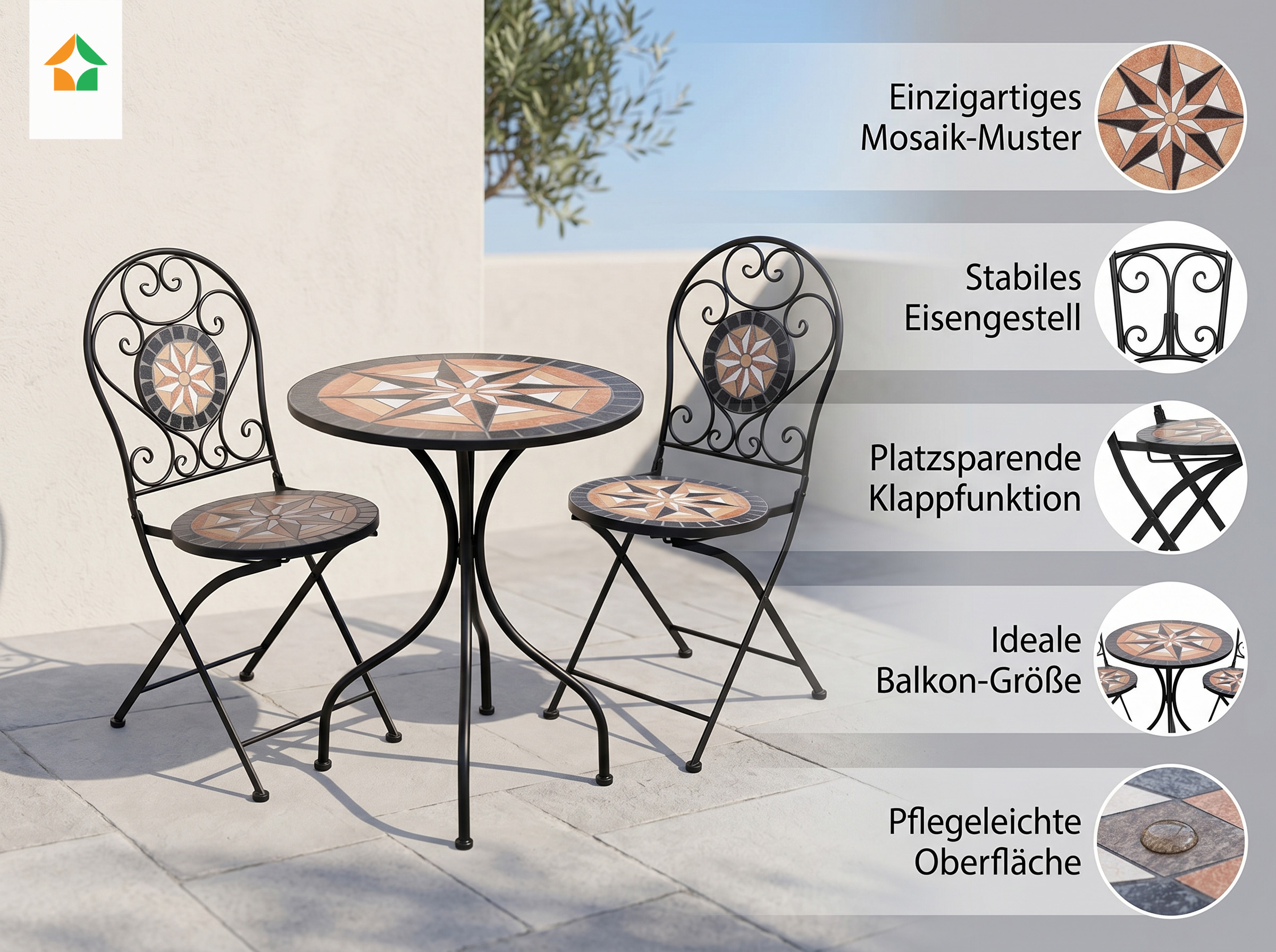 3.tlg Sitzgruppe Mosaik mit Tisch Ø 60 cm & 2 Stühlen STERN - Mehrfarbig