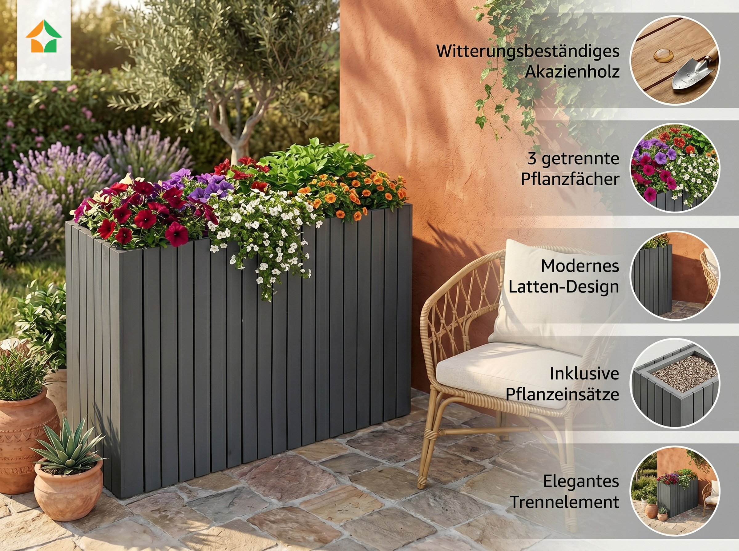 Pflanzkübel aus Akazie für 3 Pflanzen, ca. 84 x 30 x 64 cm - Anthrazit