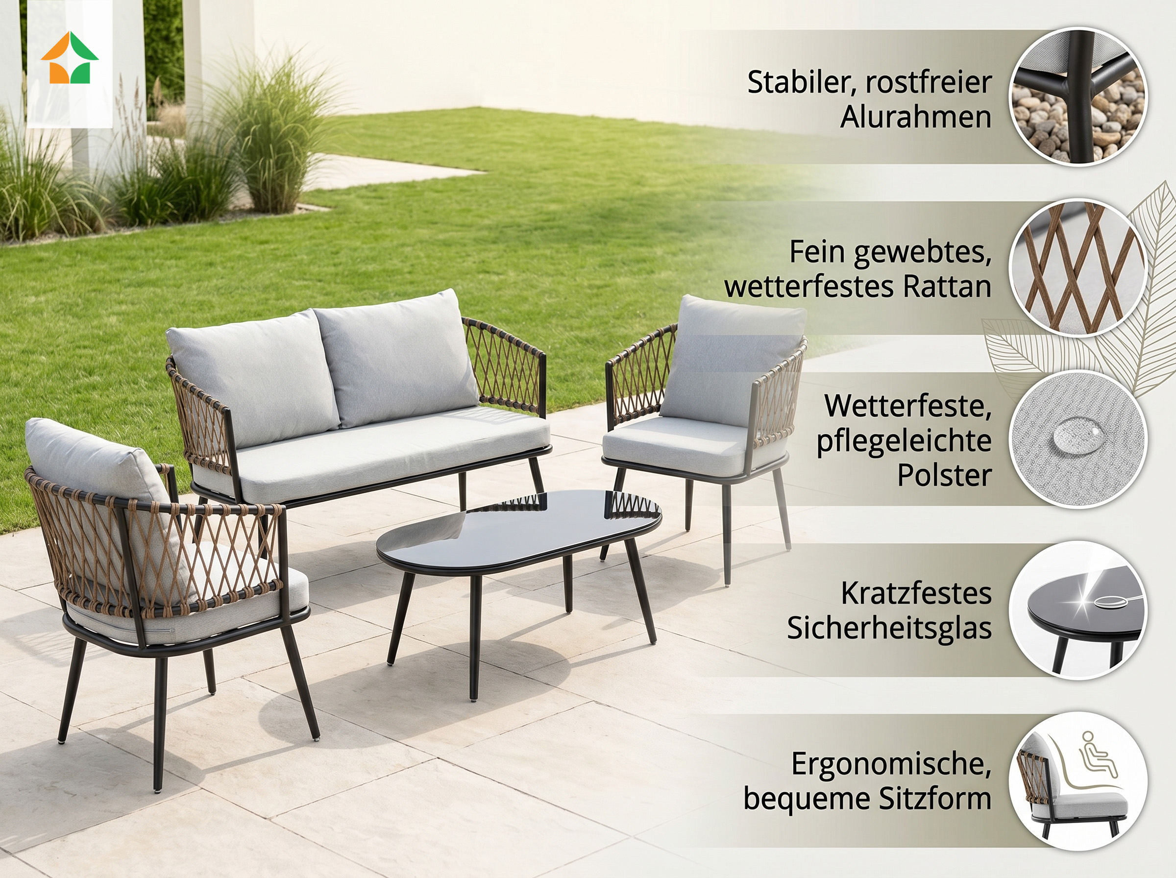 Lounge-Set 11tlg. BARI aus Aluminium Geflecht inkl. Polsterauflage - Grau