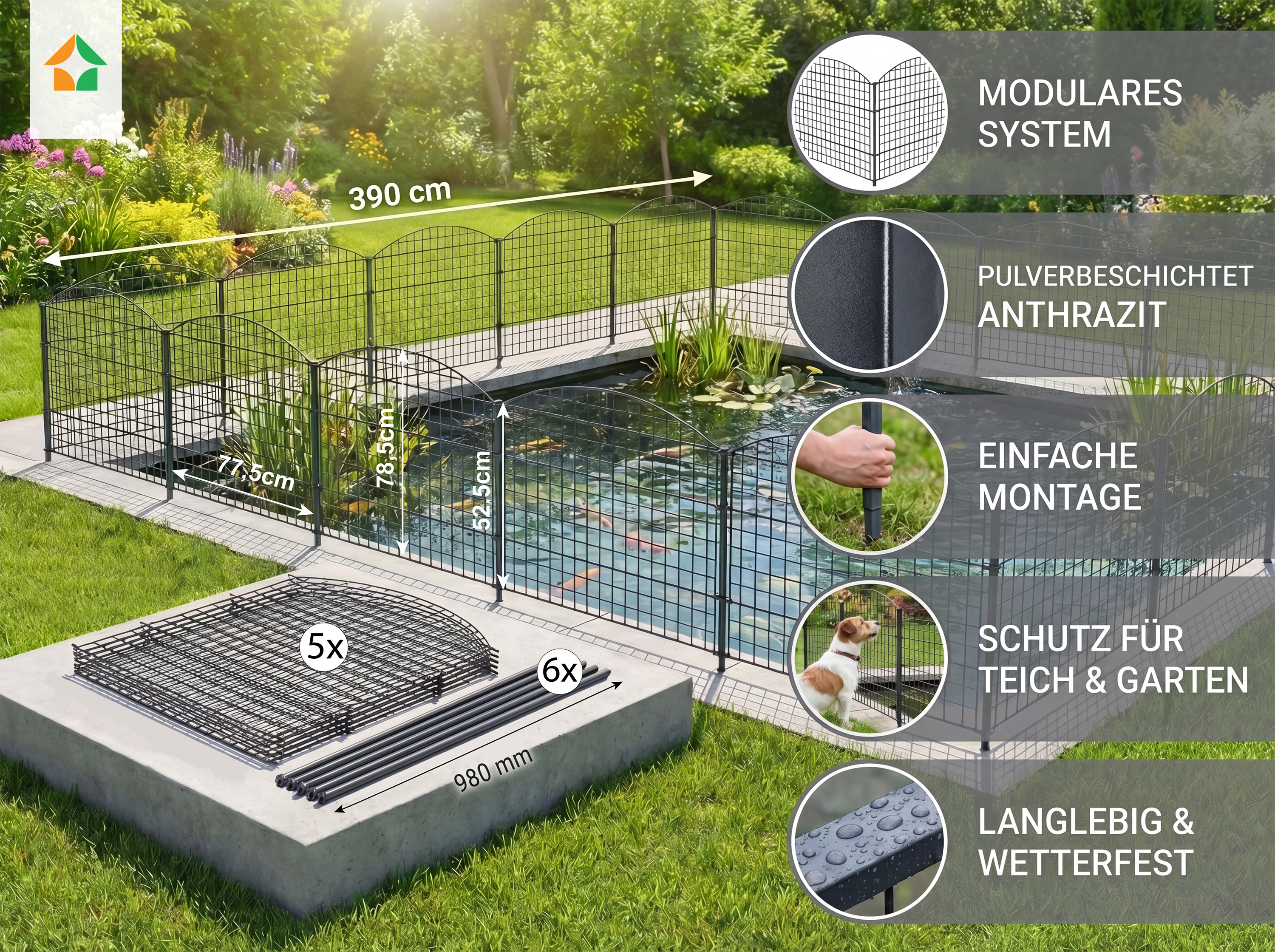 Teichzaun Oberbogen - 5x Element +6x Pfosten - Anthrazit