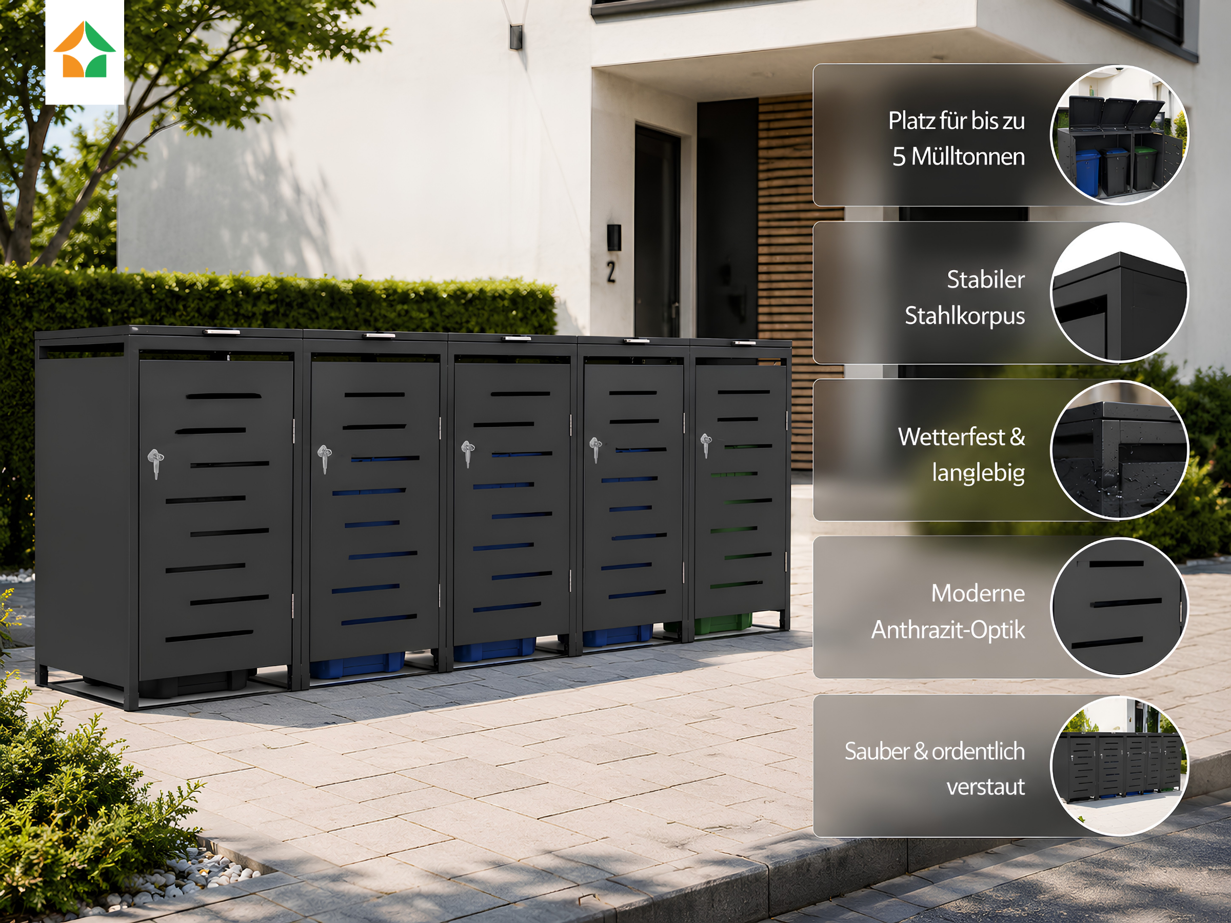 5er Mülltonnenbox Müllbox aus Stahl – wetterfeste Mülltonnenverkleidung