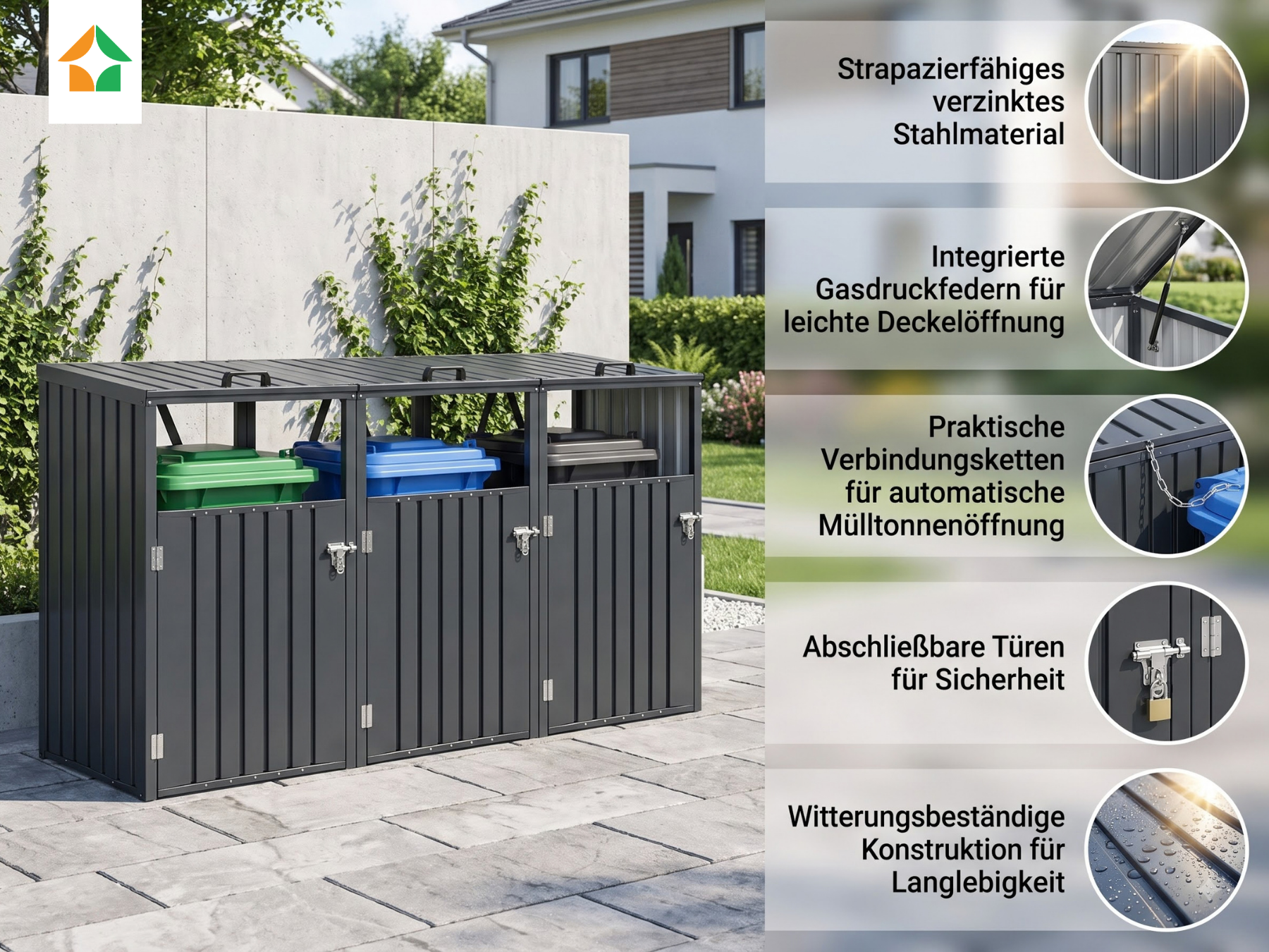 3er Mülltonnenbox aus verzinktem Stahl 240 x 80 x 122 cm