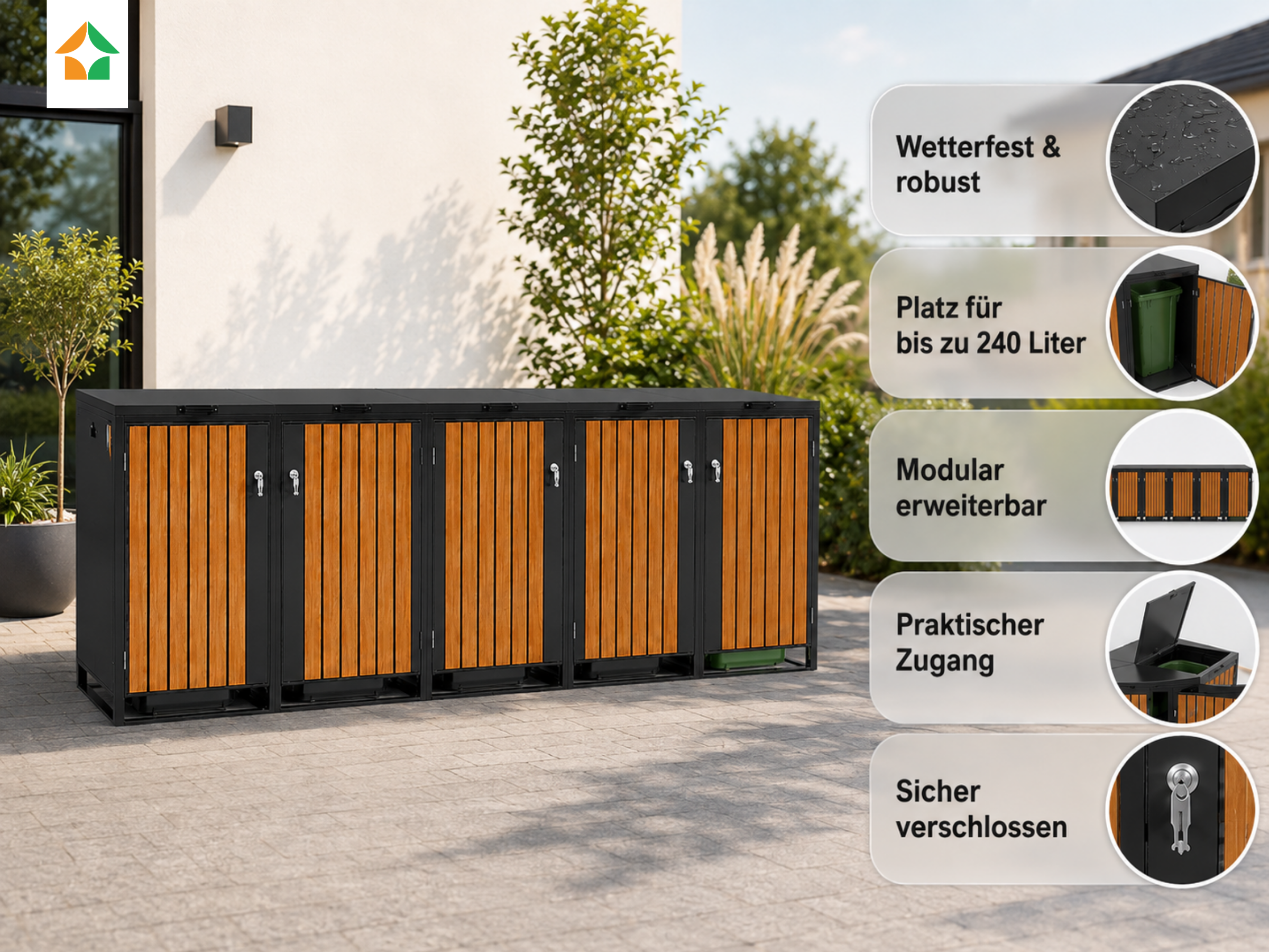 5er Mülltonnenbox aus Stahl mit Holzoptik – wetterfest