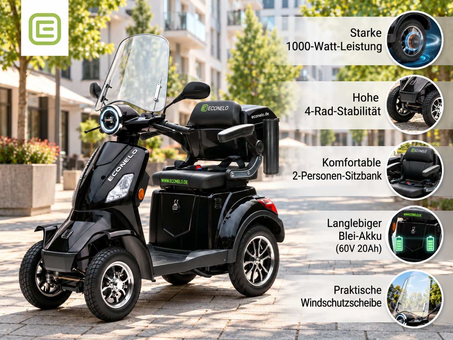 E-Seniorenmobil Venezia, Blei-Akku, 4-Rad, 1000 Watt, Schwarz