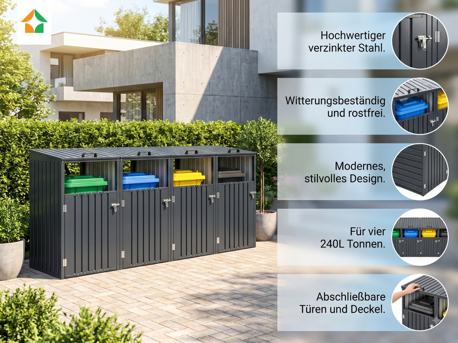 4er Mülltonnenbox aus verzinktem Stahl 320 x 80 x 122 cm