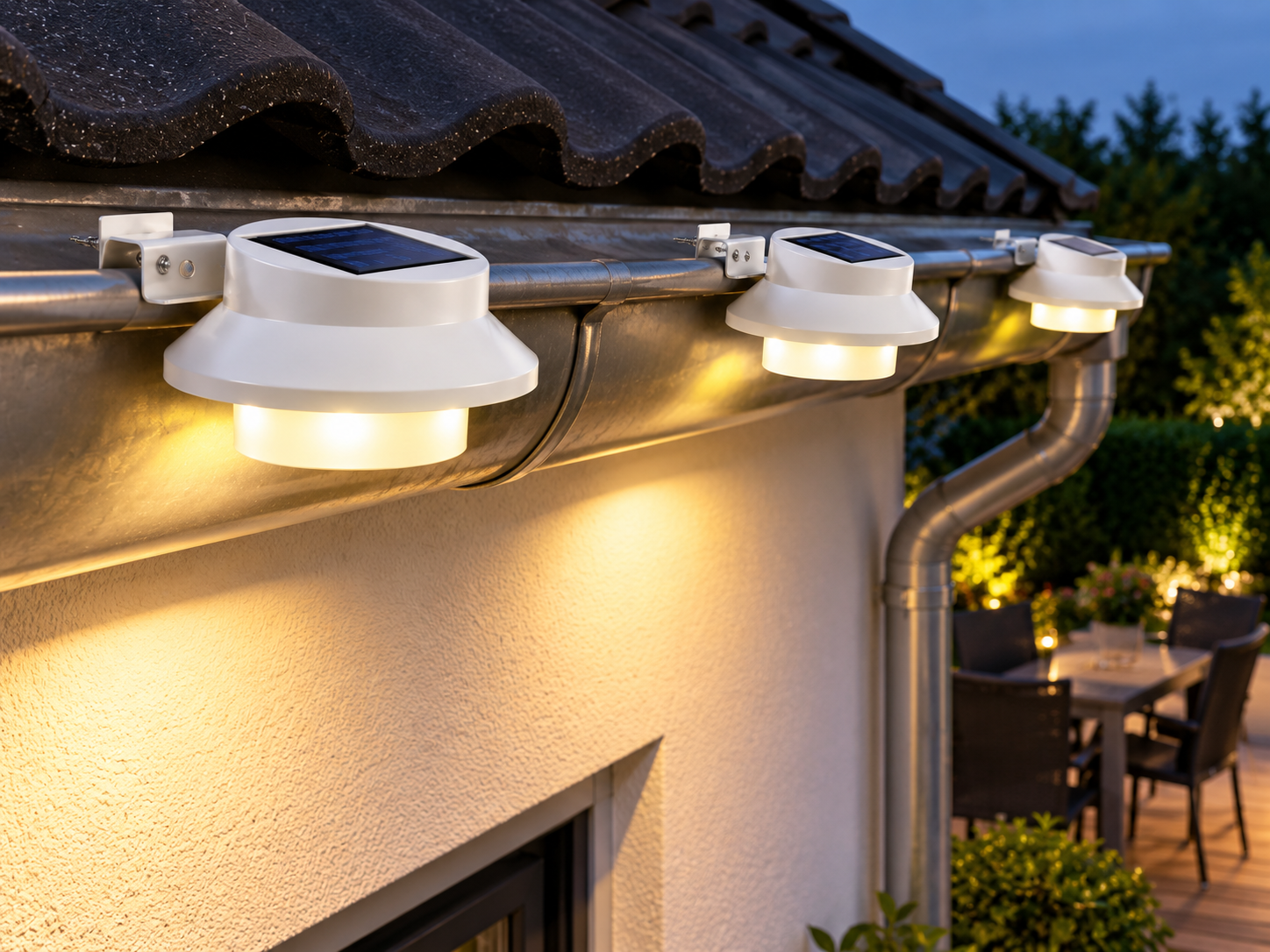 Solar-LED-Dachrinnenleuchten 3er-Set mit Halterung, weiß