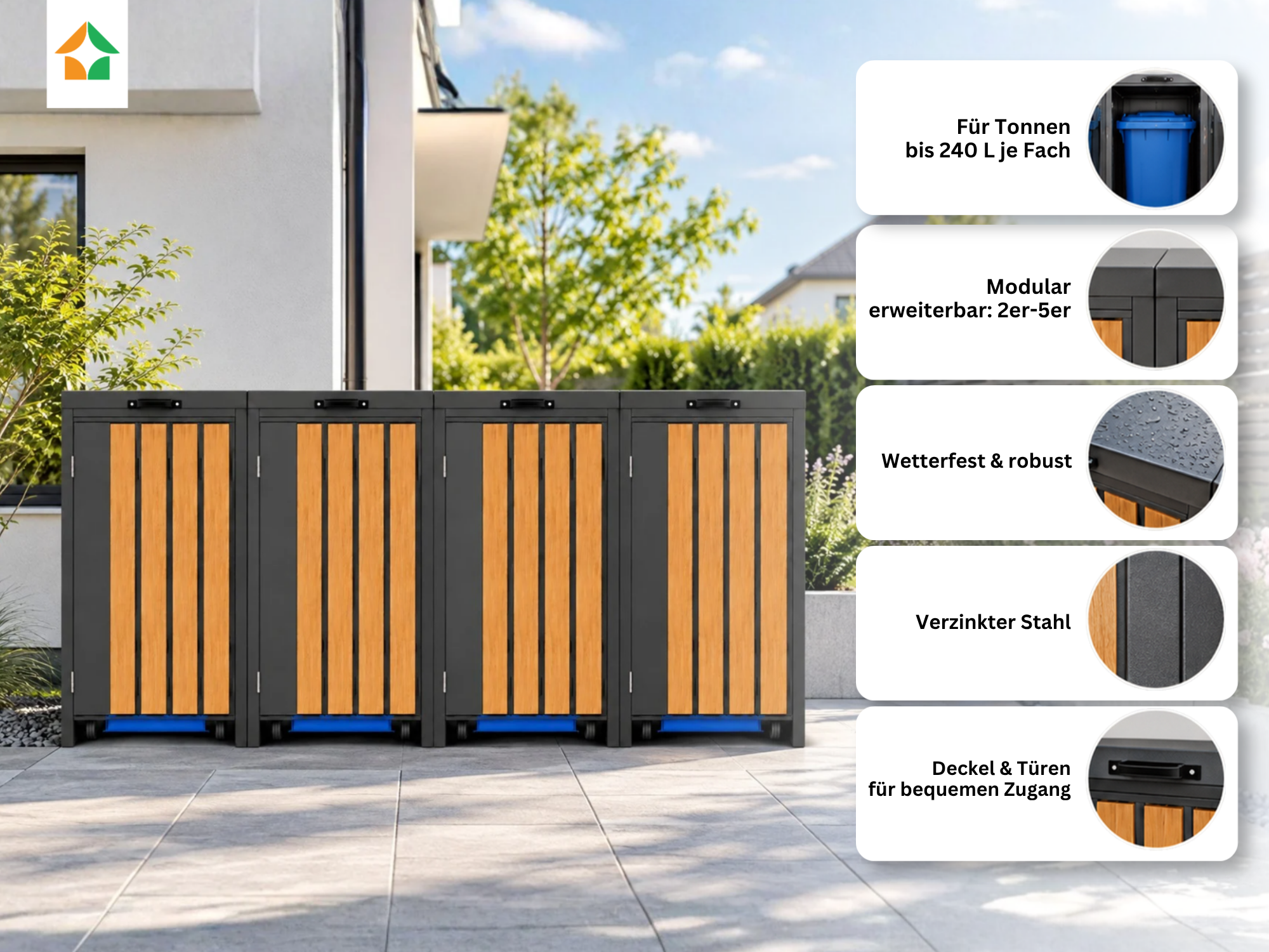 4er Mülltonnenbox aus Stahl mit Holzoptik – wetterfest