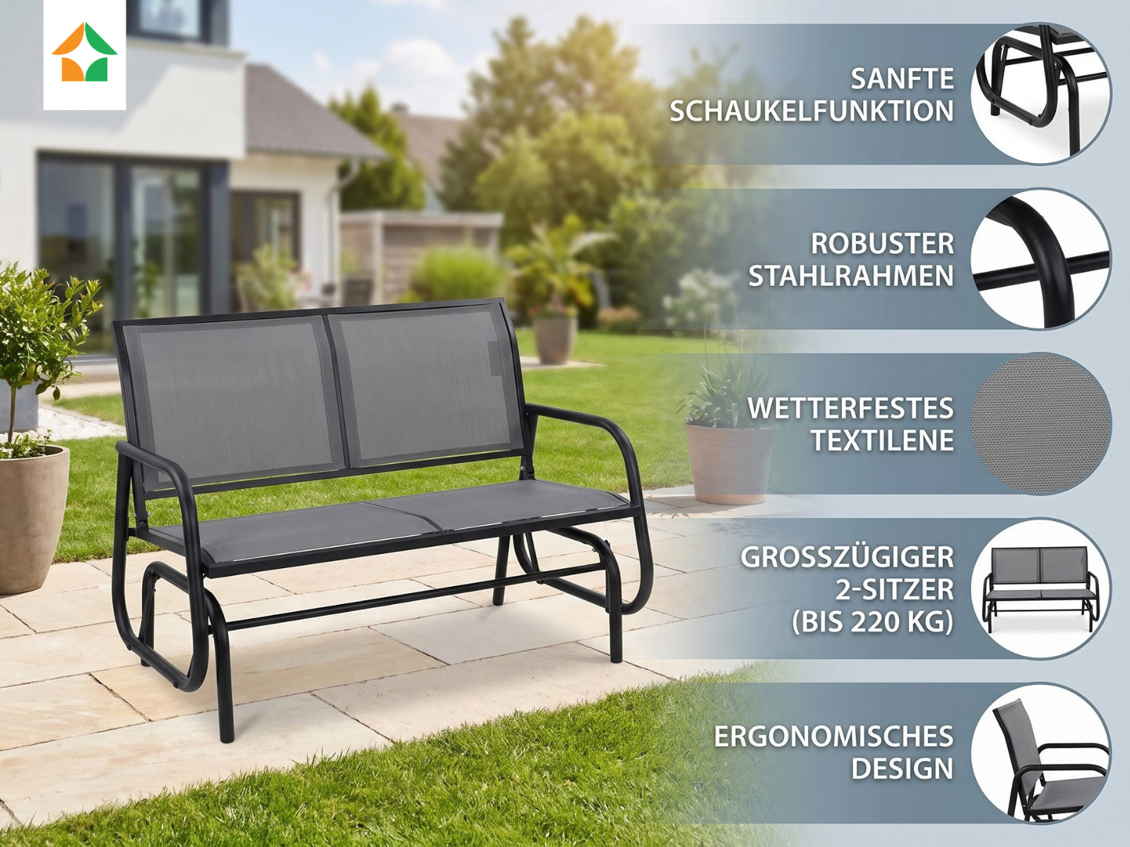Schaukelbank Gartenbank 2-Sitzer, ca. 120 x 70 x 83 cm – Grau