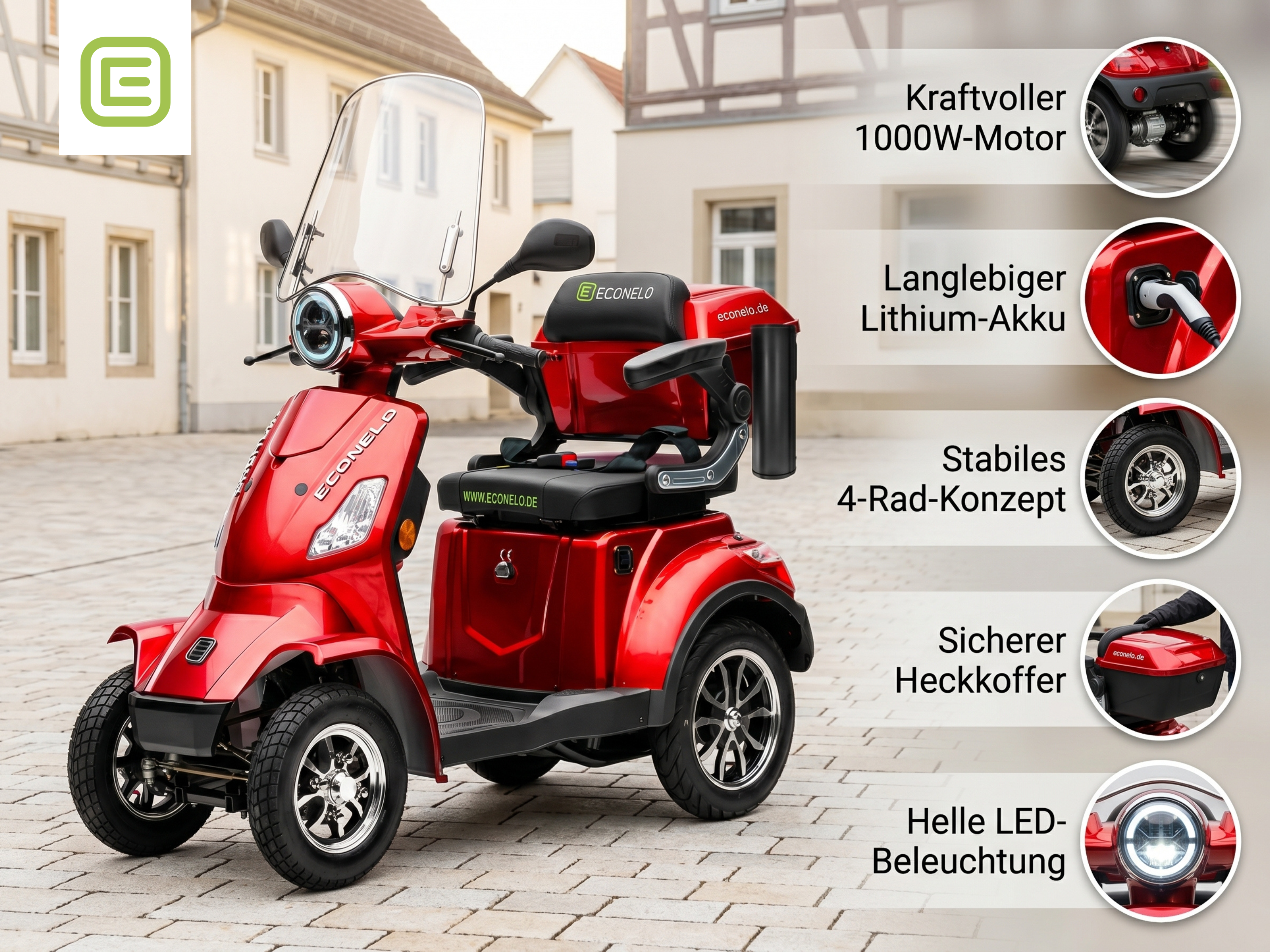E-Seniorenmobil Venezia Lithium-Akku, 4-Rad, 1000 Watt, Rot