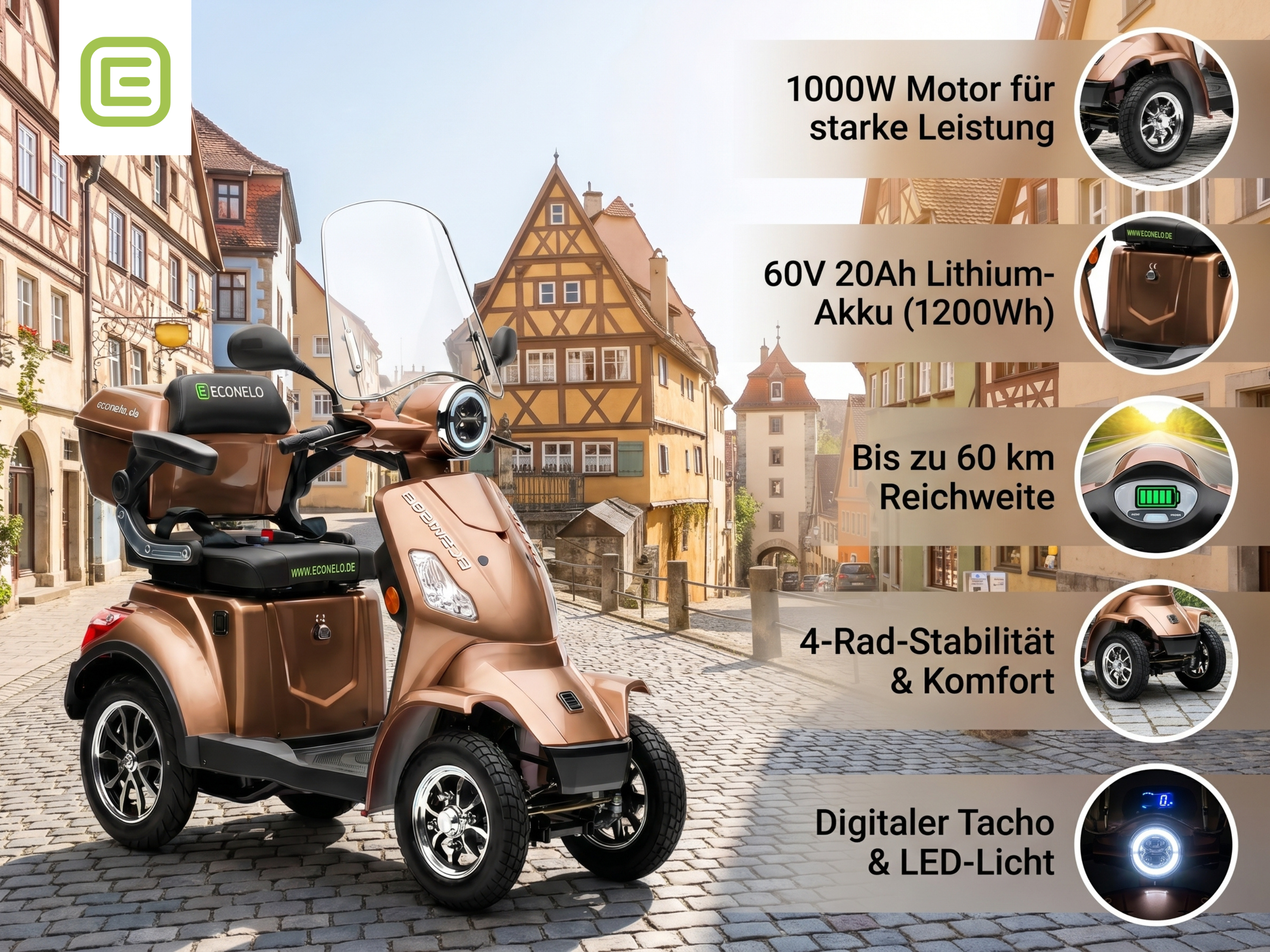 E-Seniorenmobil Venezia, Lithium-Akku, 4-Rad, 1000 Watt, Braun