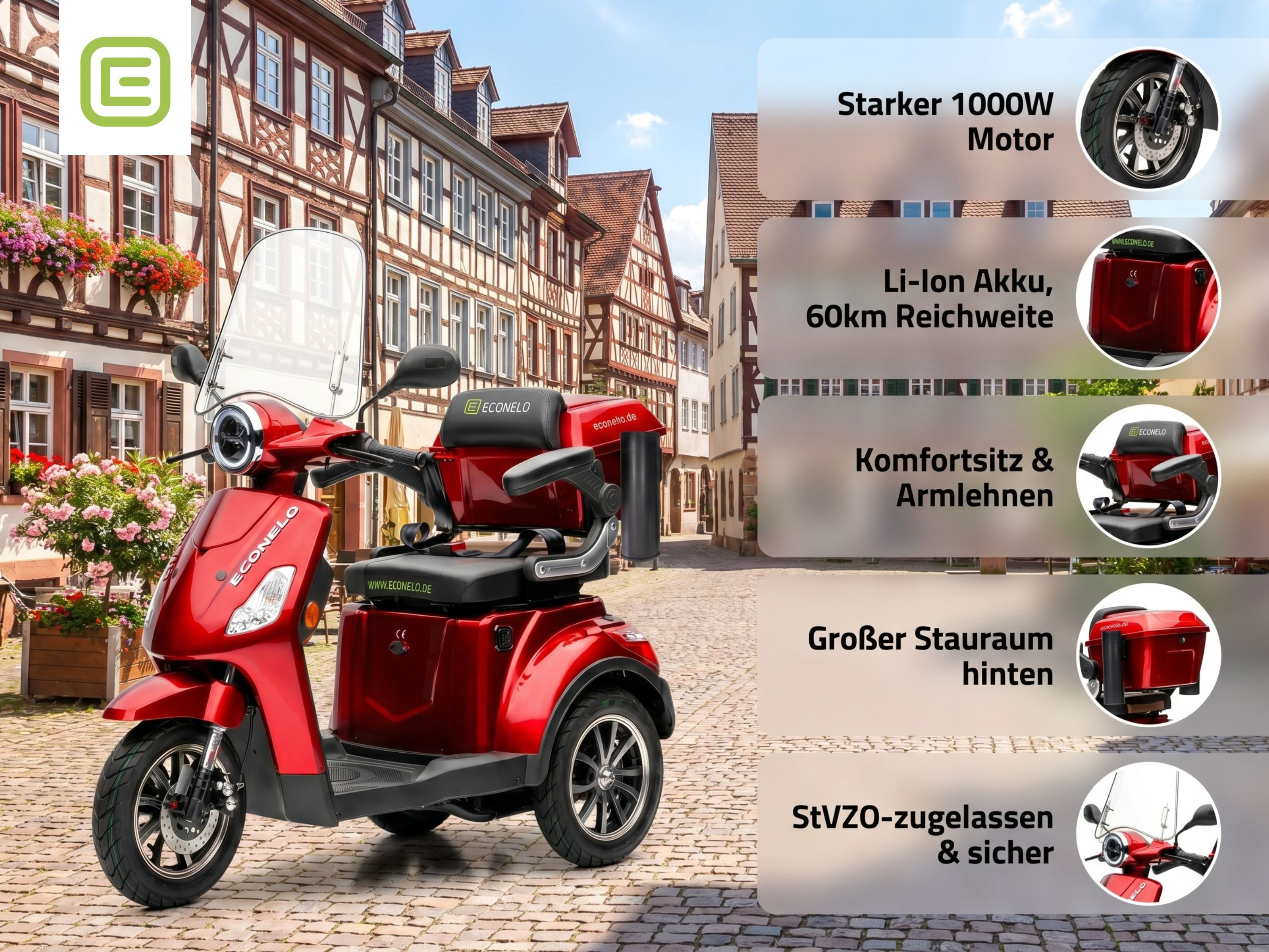 E-Seniorenmobil Denia, Lithium-Akku, 3-Rad, 1000 Watt, Rot