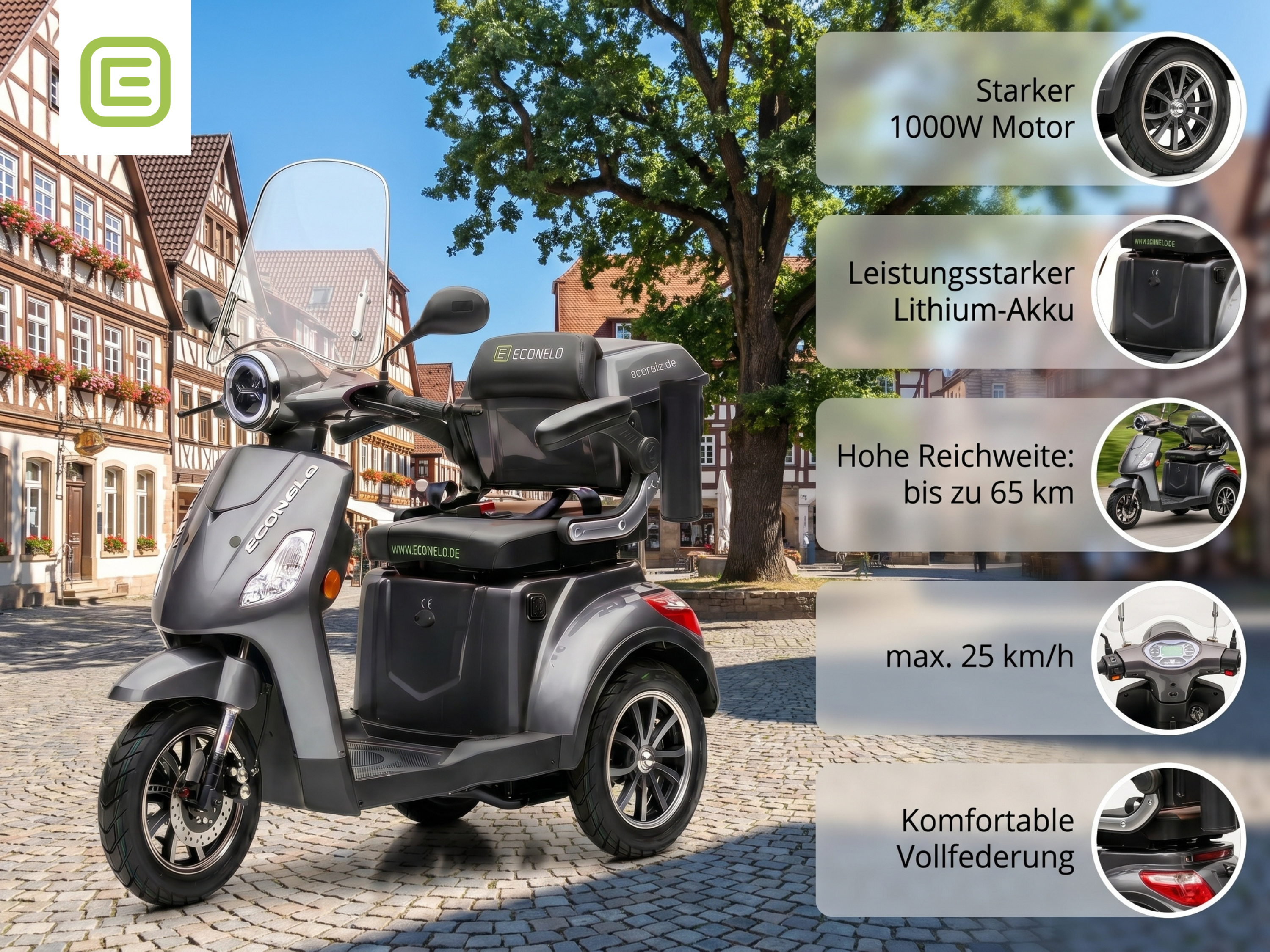 E-Seniorenmobil Denia, Lithium-Akku, 3-Rad, 1000 Watt, Grau