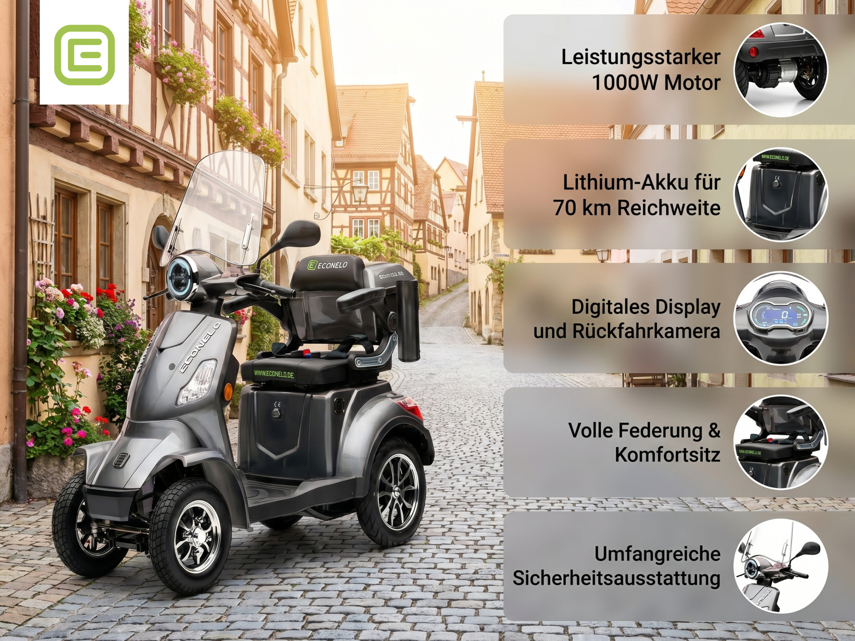 E-Seniorenmobil Venezia Lithium-Akku, 4-Rad, 1000 Watt, Grau
