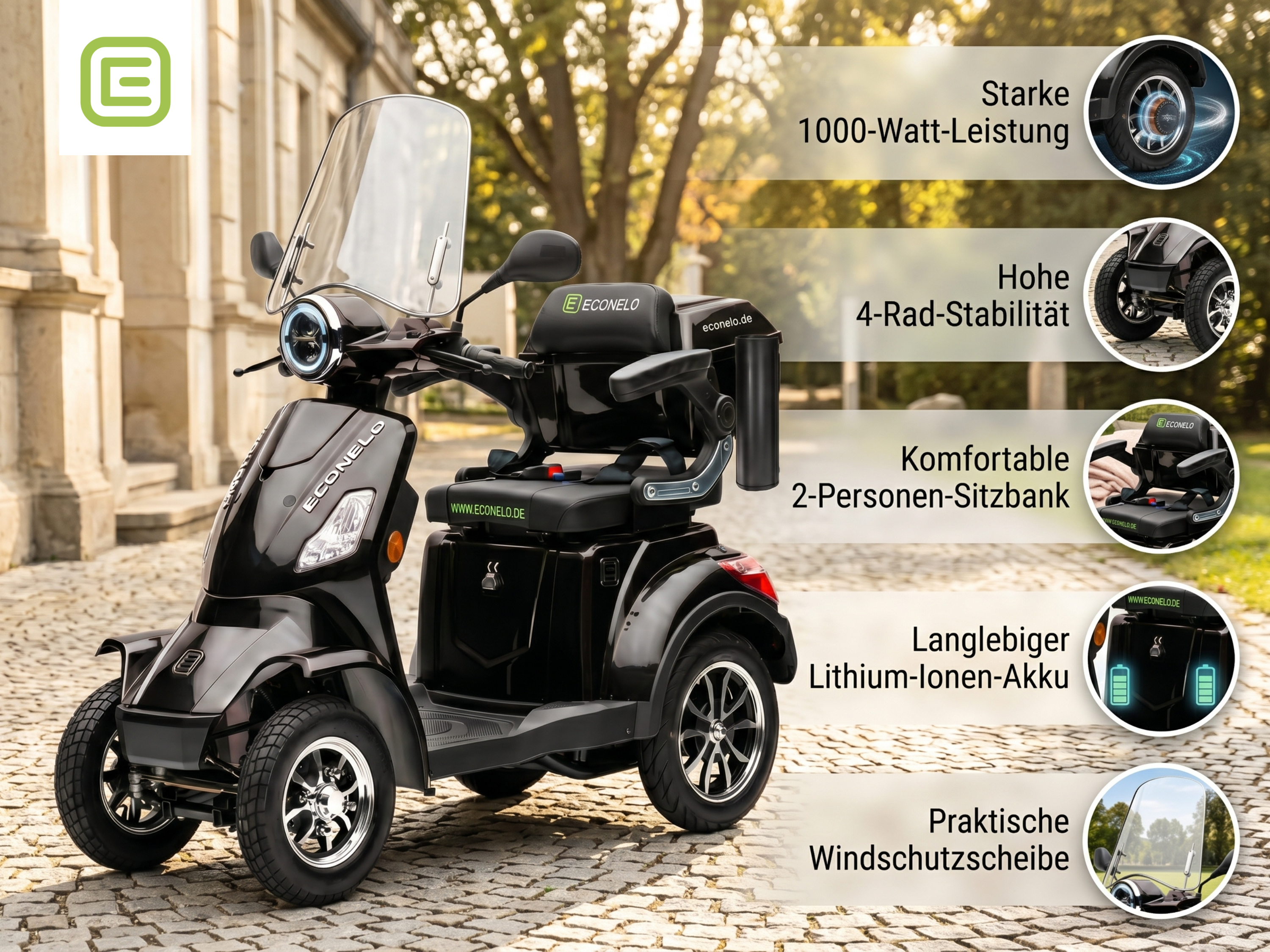 E-Seniorenmobil Venezia, Lithium-Akku, 4-Rad, 1000 Watt, Schwarz