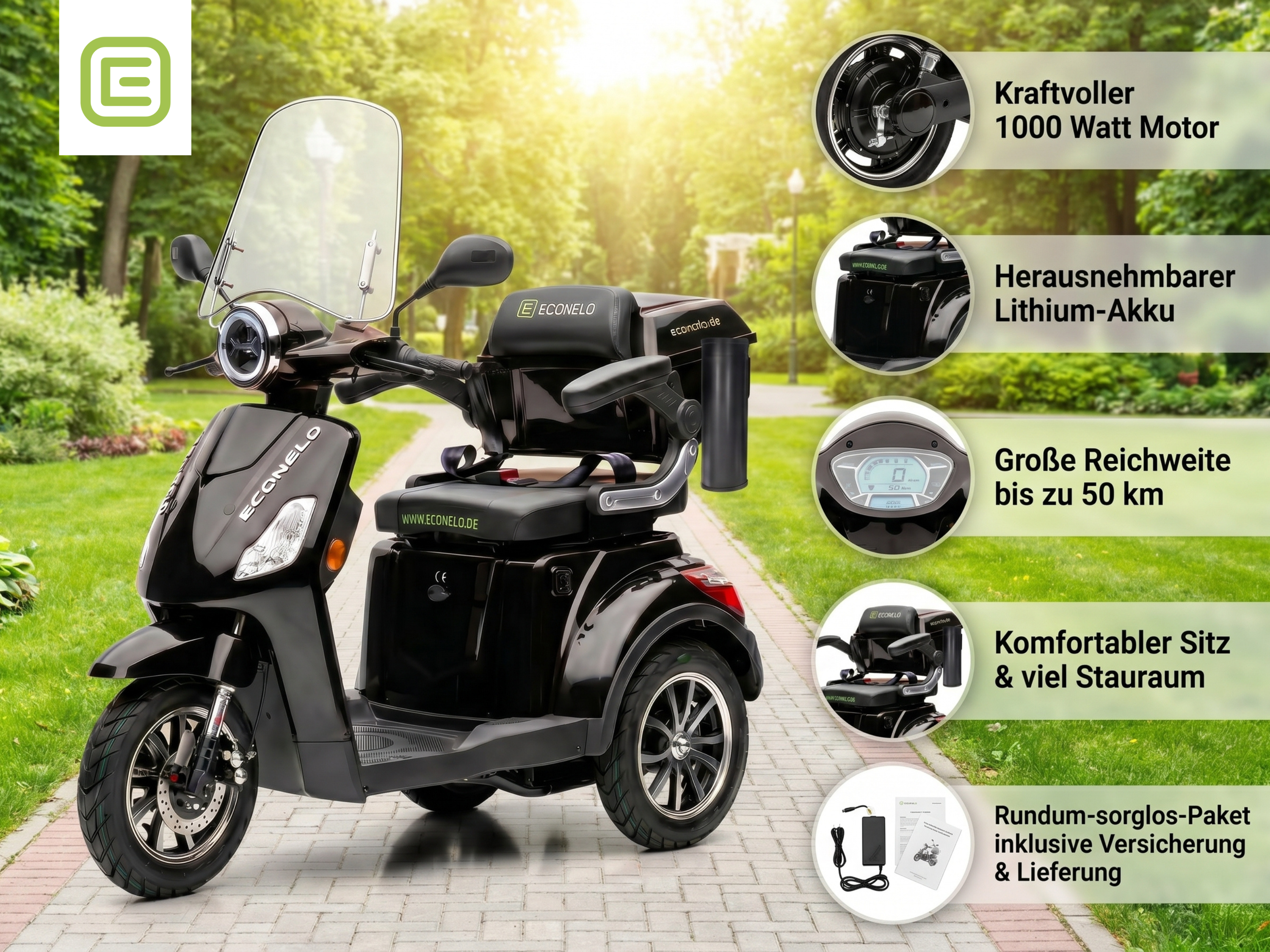 E-Seniorenmobil Denia, Lithium-Akku, 3-Rad, 1000 Watt, Schwarz