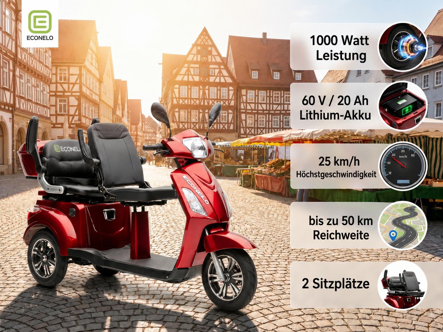 E-Seniorenmobil Billy 2.0, Lithium-Akku, 3-Rad, 1000 Watt, Rot