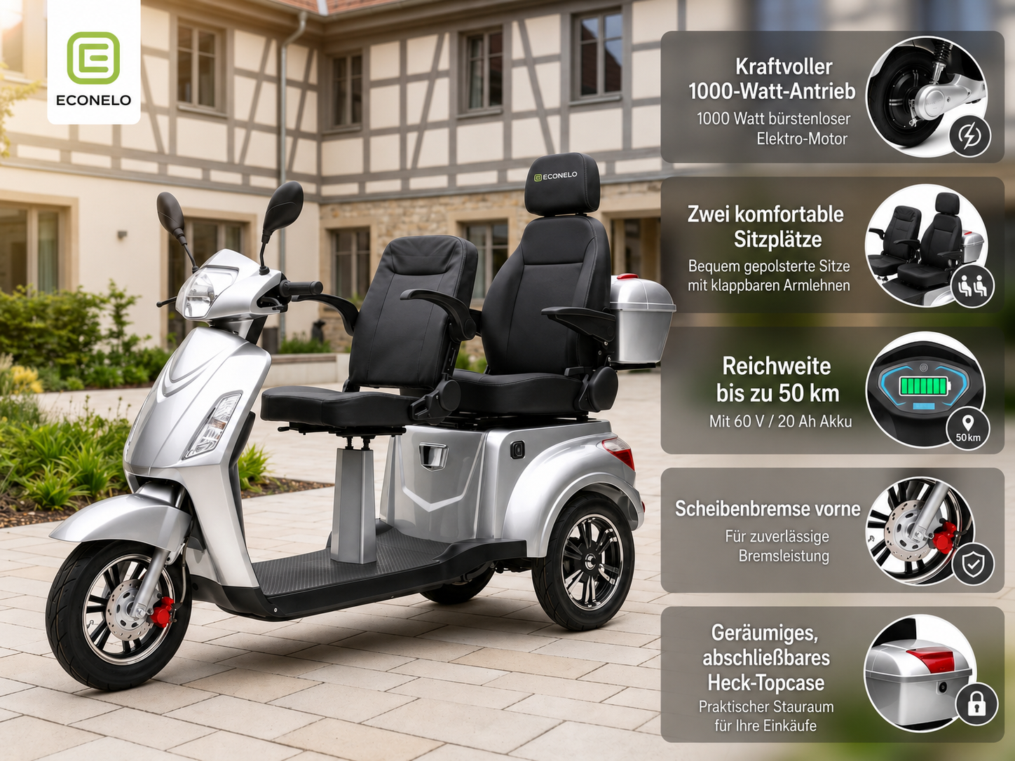 E-Seniorenmobil Billy 2.0, Blei-Akku, 3-Rad, 1000 Watt, Komfort-Sitz, Silber