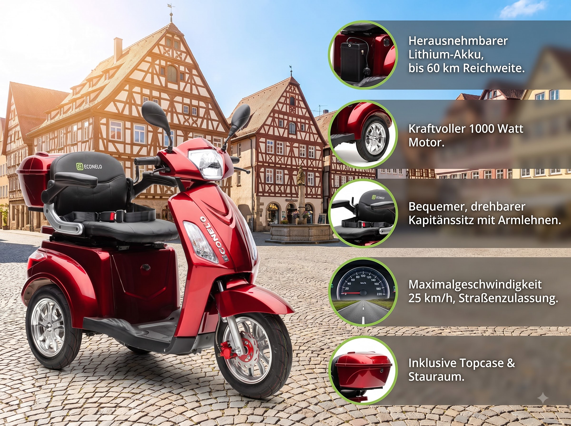 E-Seniorenmobil BIlLY, Lithium-Akku, 3-Rad, 1000 Watt, Rot