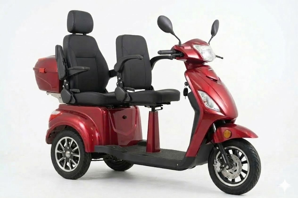 E-Seniorenmobil Dolly 2.0, Lithium-Akku, 3-Rad, 2-Sitzer, groß Sitz, Rot