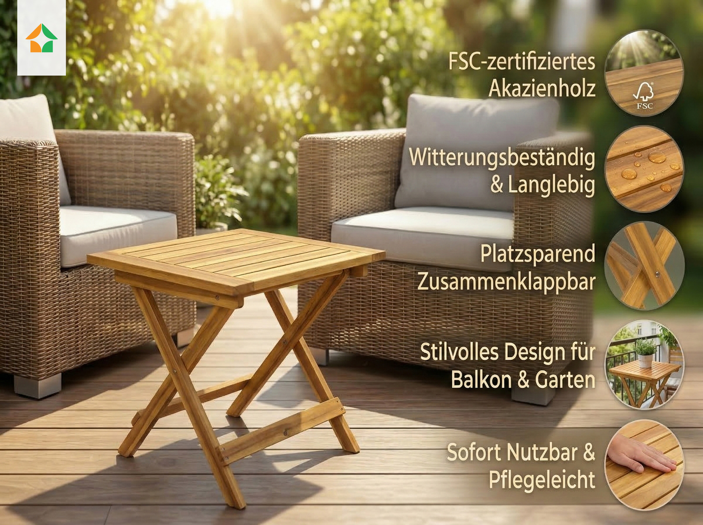Akazienholz Gartenklapptisch Beistelltisch 45 cm FSC