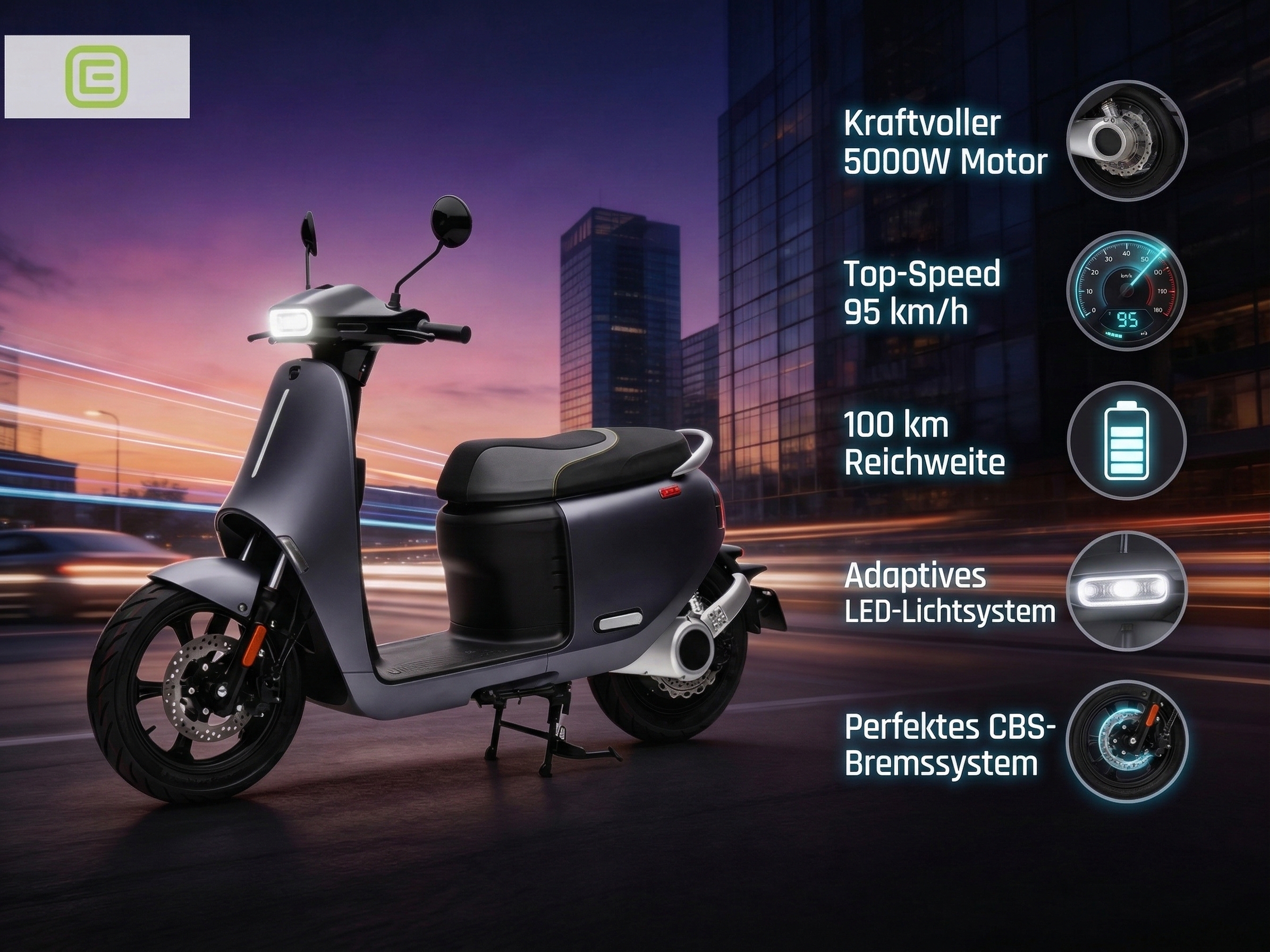 Zweiradroller ES1 5000W 95km/h Lithium Akku Mattgrau