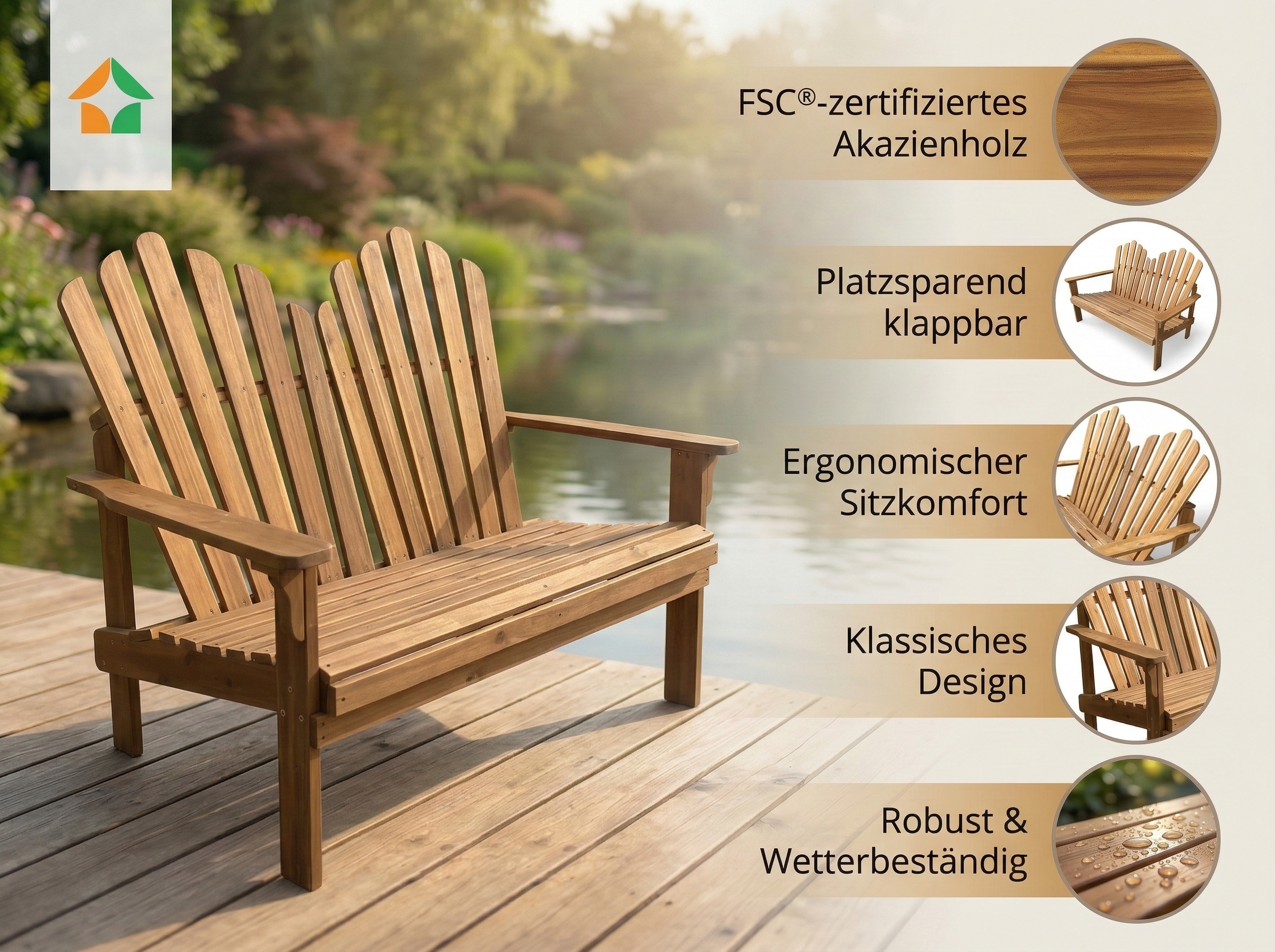 2-Sitzer Adirondack aus Akazienholz, ca. 125 x 80 x 94 cm – Dunkelbraun