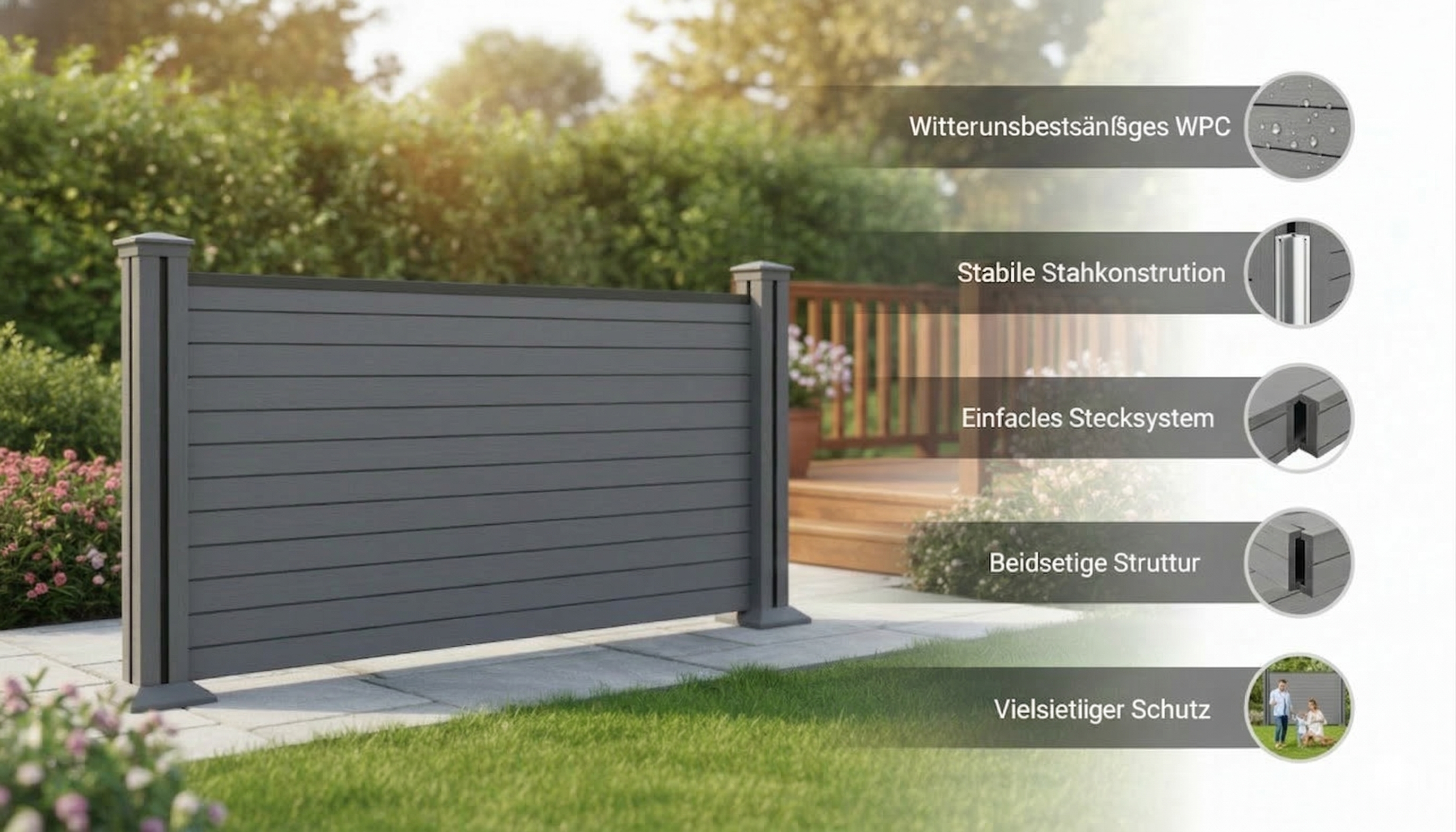 WPC-Sichtschutzzaun Valla - 1x Element + 2x Pfosten - 190 x 130 cm