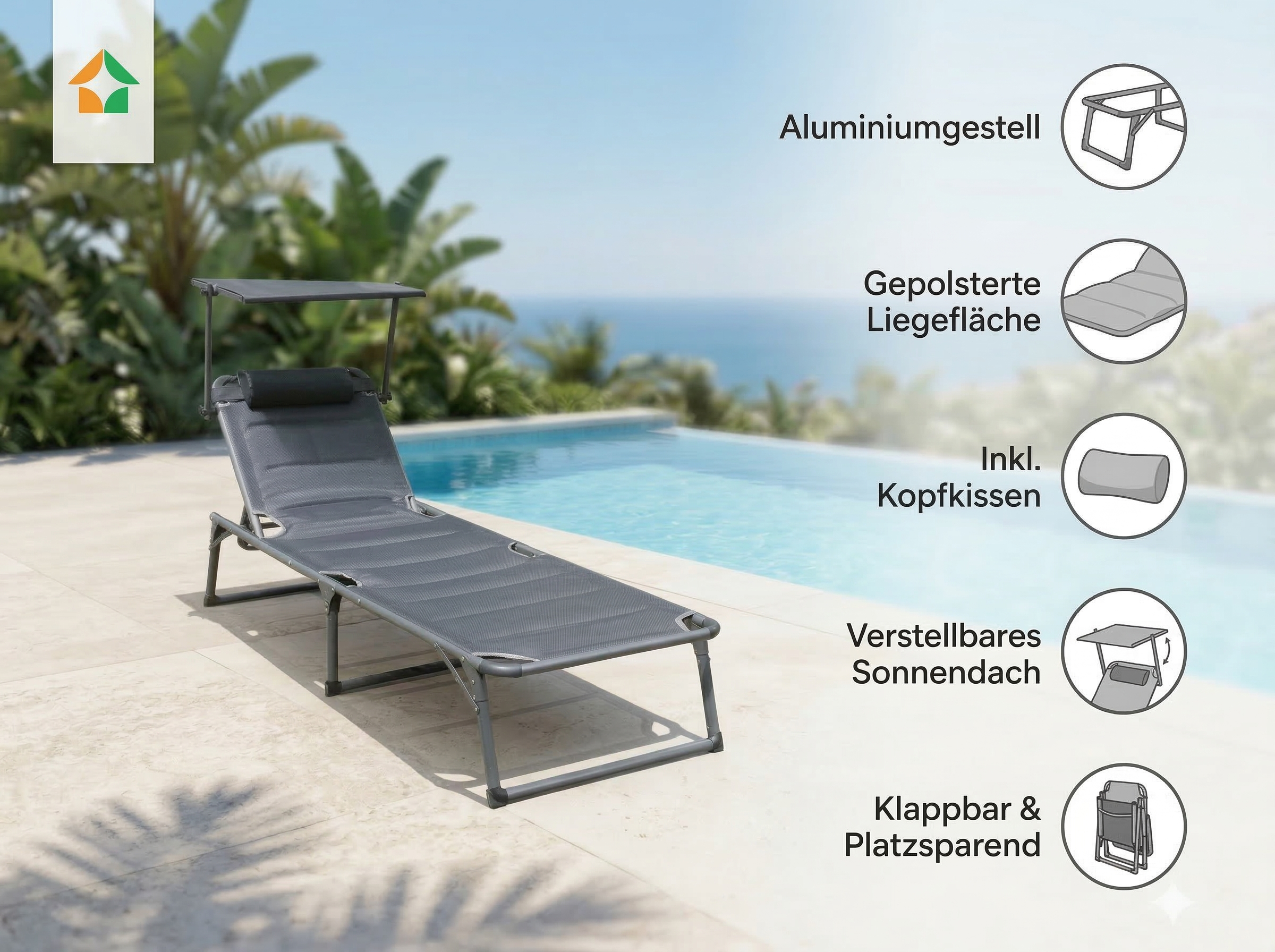 Komfort-Sonnenliege inkl. Kissen gepolstert aus Aluminium - Anthrazit