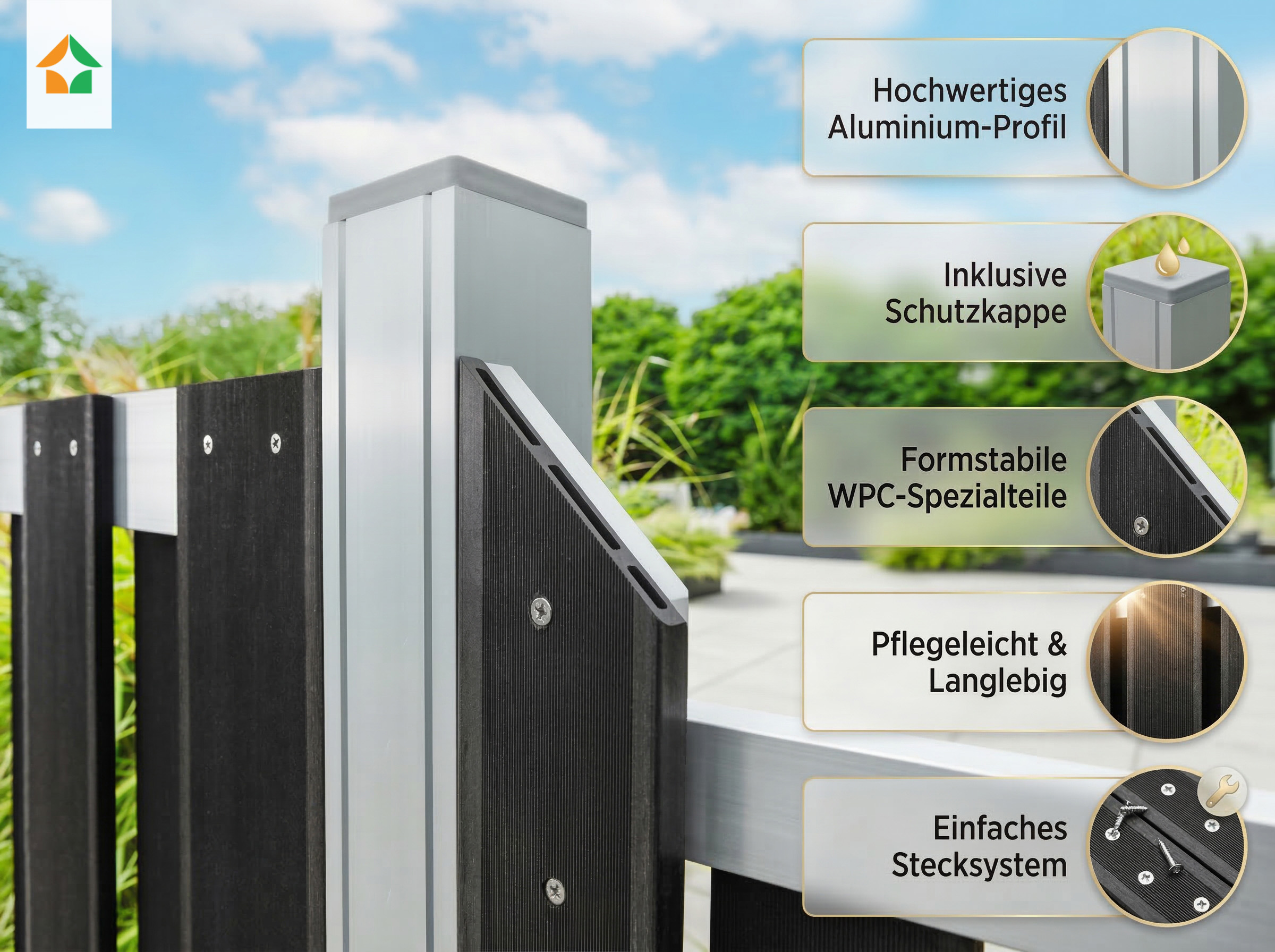 WPC-Sichtschutzzaun CARMENO - Pfosten mit Kappe, ca. 68 x 68 x 185 cm - Schwarz