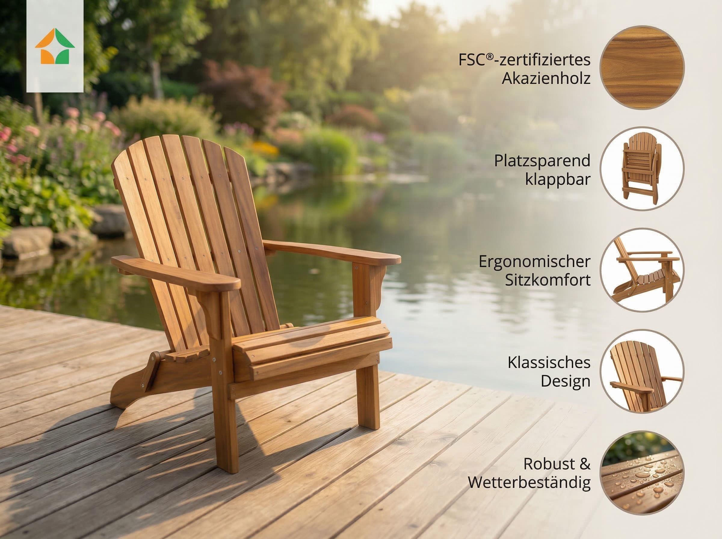 Klappbarer Liegestuhl Adirondack aus Akazie, ca. 84 x 69 x 93 cm - Braun