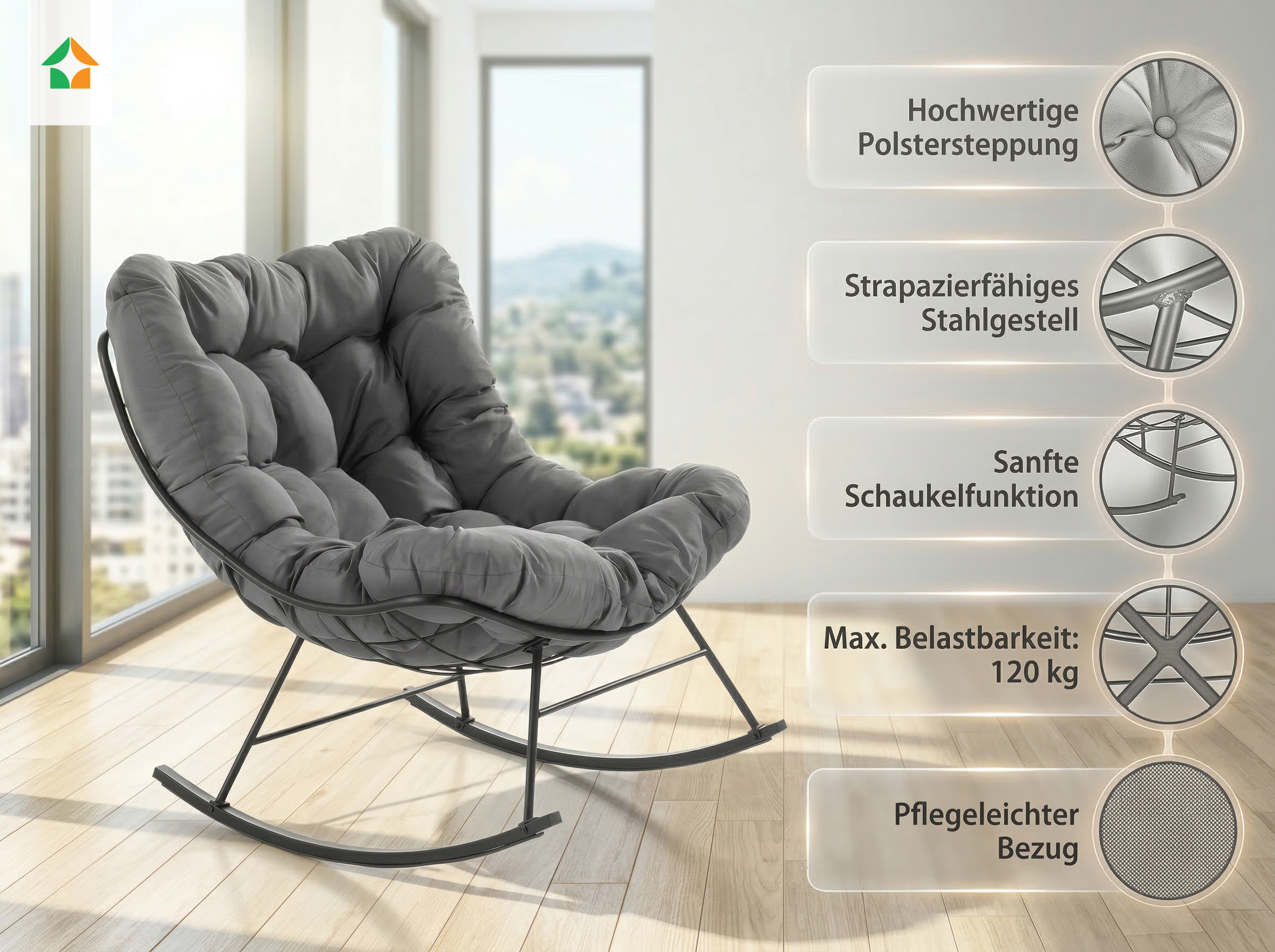 Schaukelstuhl aus Stahl mit Kissen, ca. 100 x 68 x 84 cm - Anthrazit