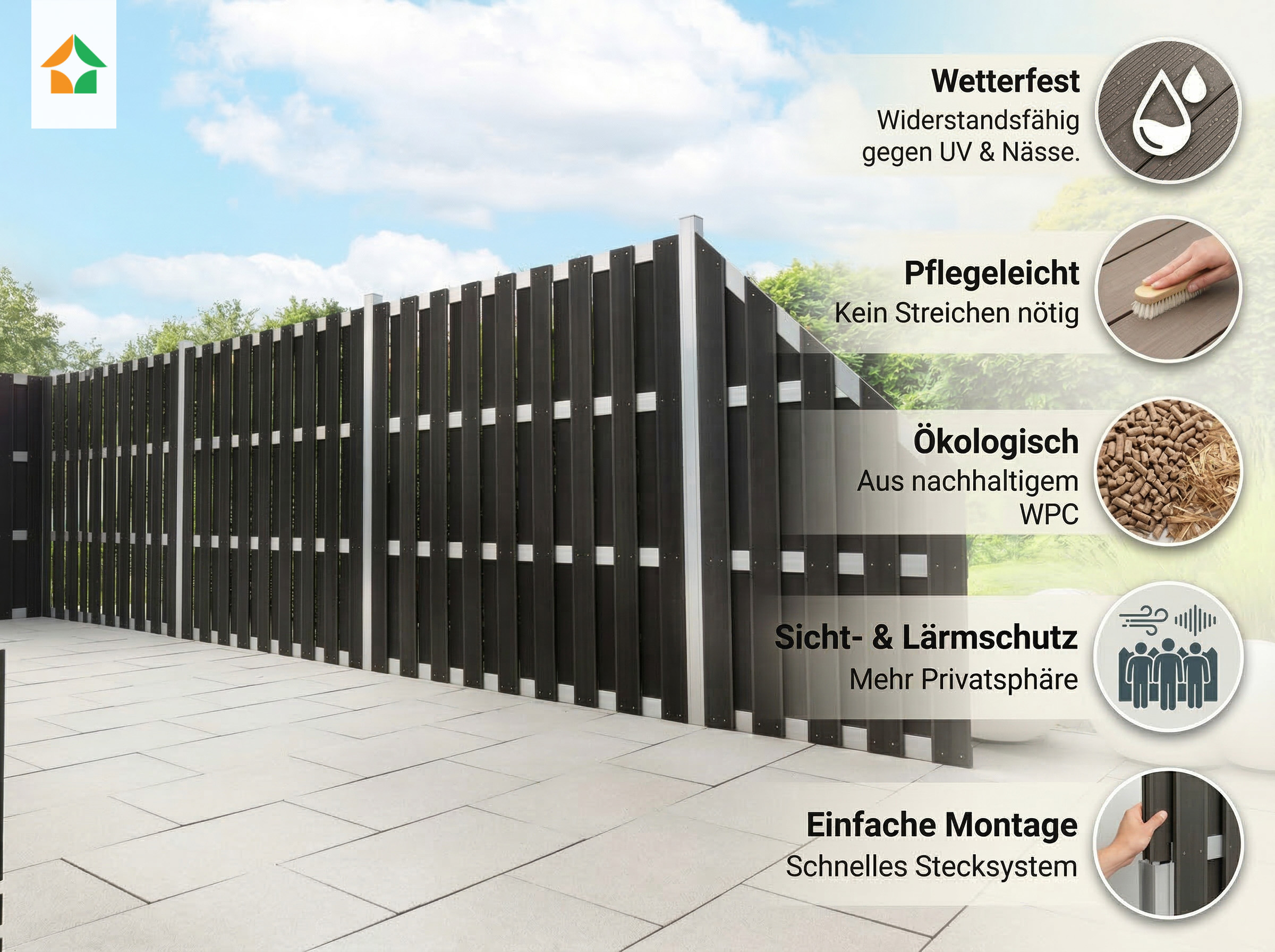 WPC-Sichtschutzzaun CARMENO - 4x Element + 5x Pfosten - Schwarz