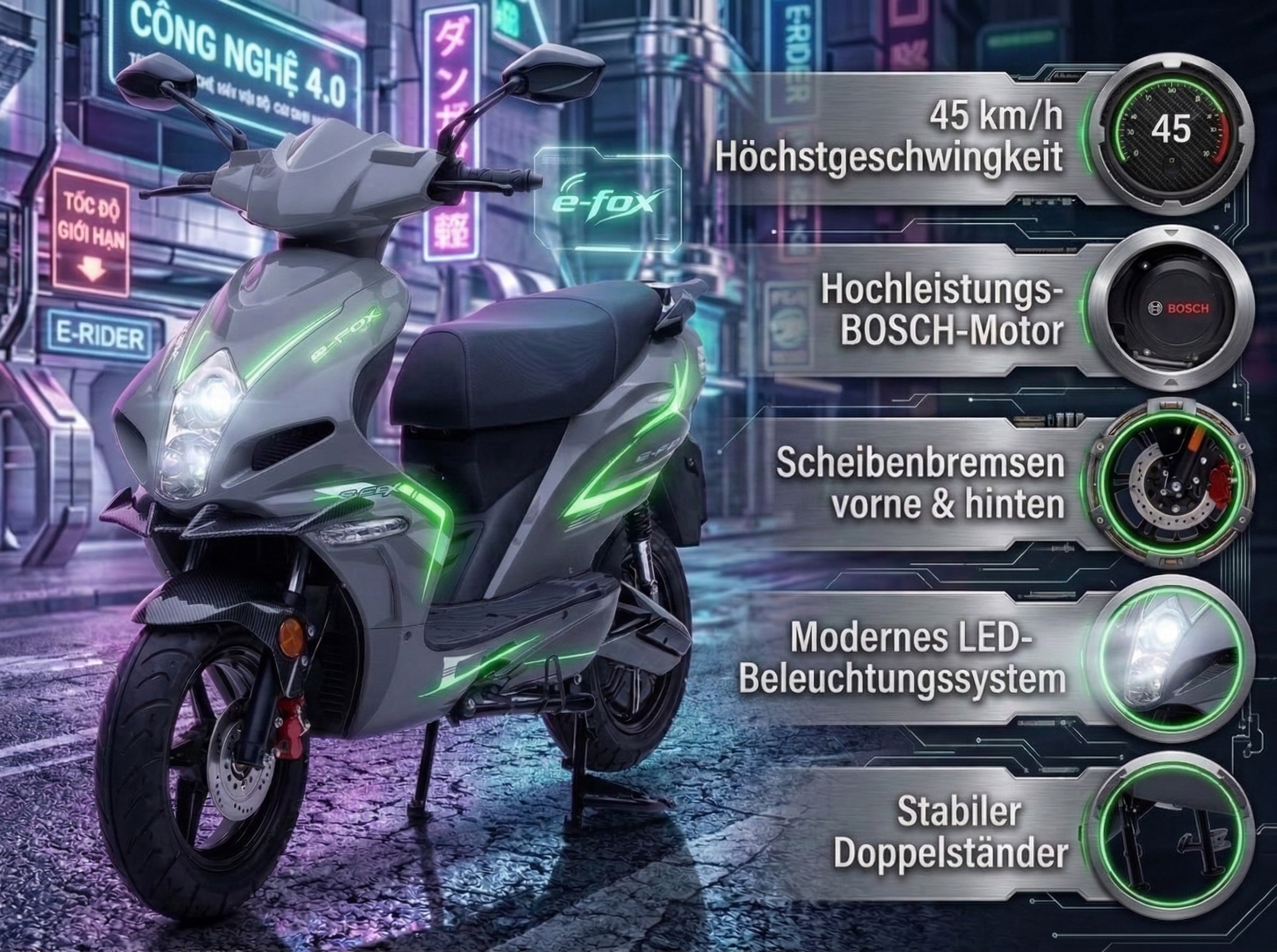 Elektrischer Motorroller E-Fox 1500 Watt 45 km/h Grau