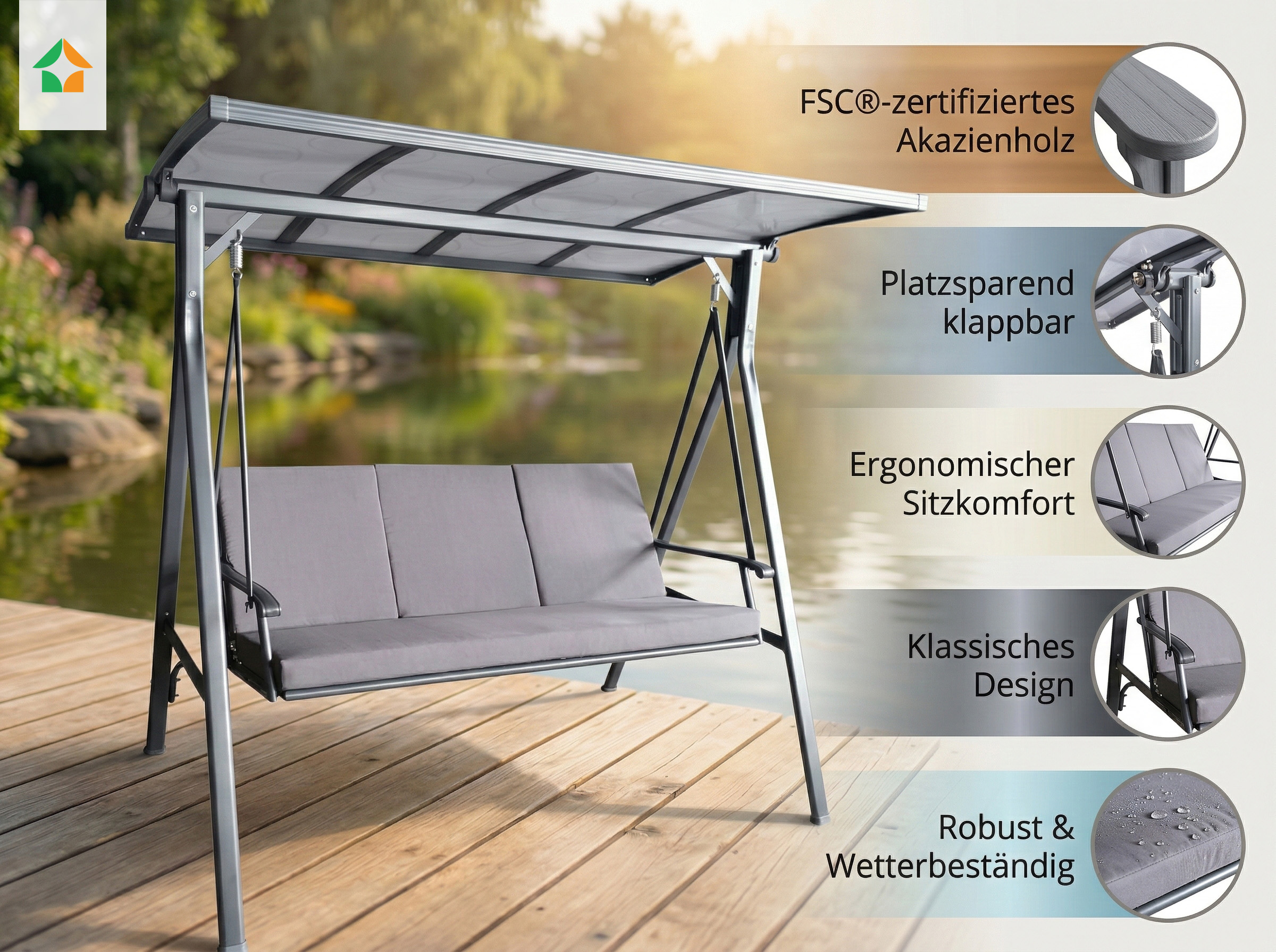 Gartenschaukel 3-Sitzer Hollywoodschaukel mit Dach grau