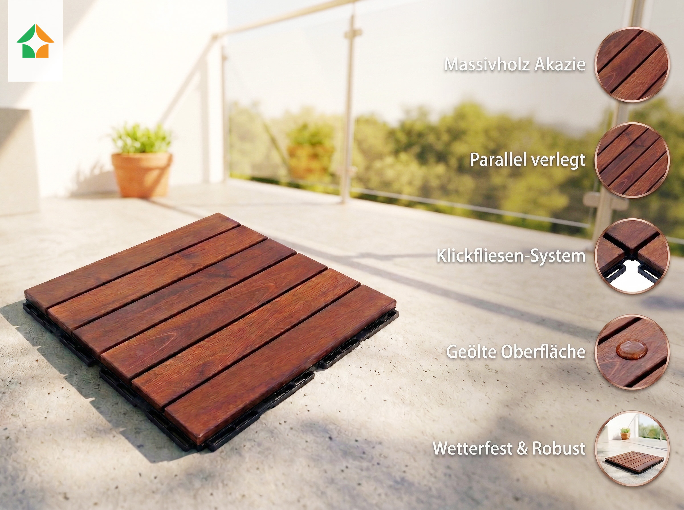 9er-Set Massivholz-Klickfliese aus Akazienholz, ca. 30 x 30 cm - Parallel, geölt