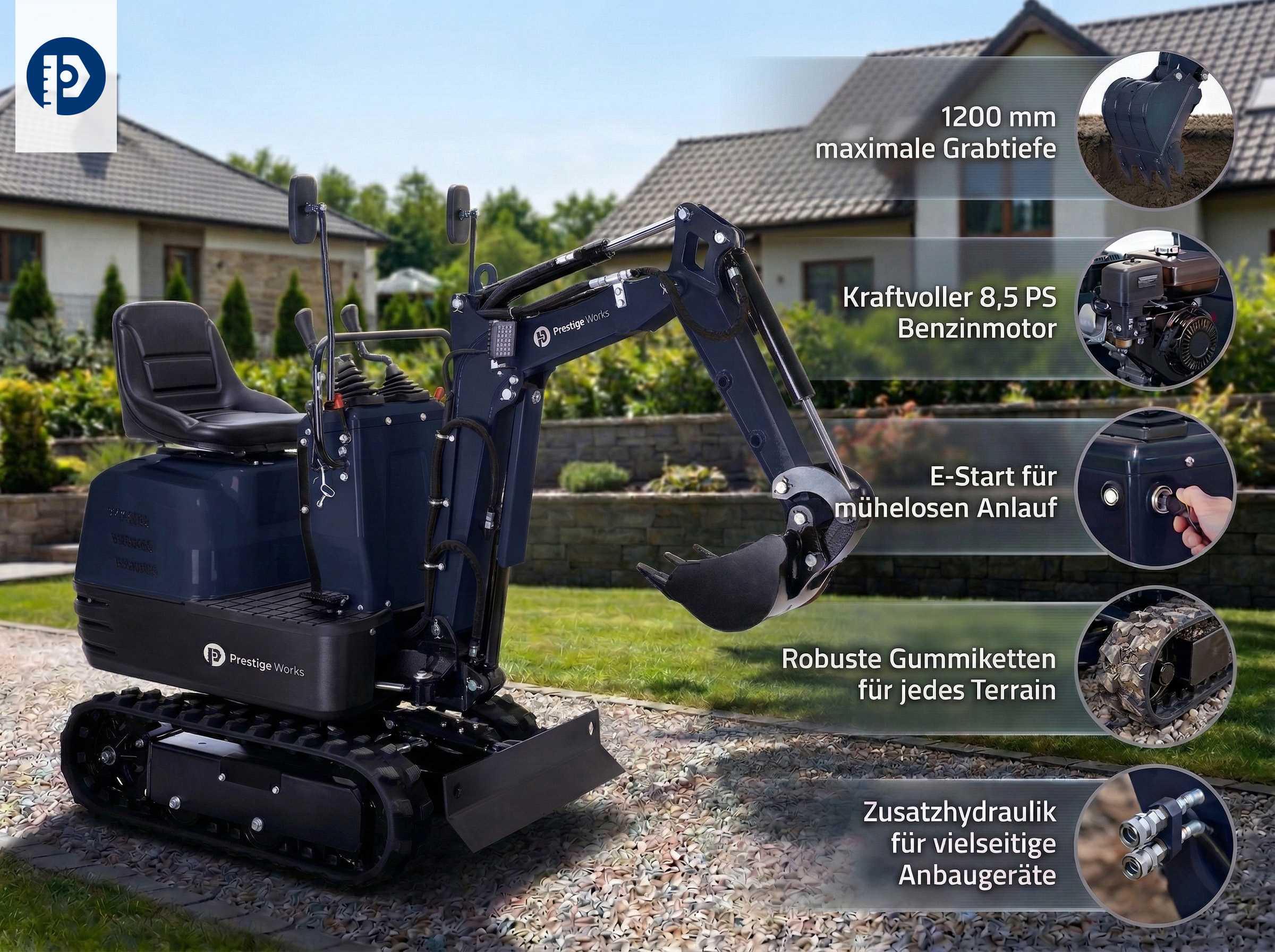 Mini-Bagger PWMEX352 - 8,5 PS, 1200 mm Grabtiefe, E-Start