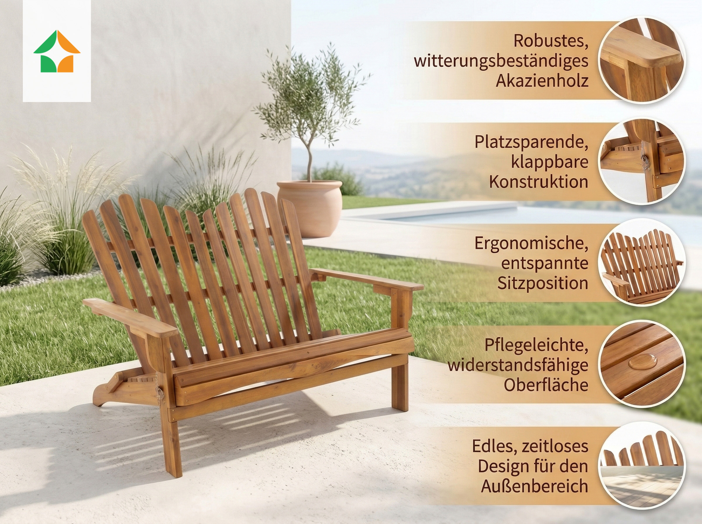 2-Sitzer Adirondack klappbar aus Akazienholz, ca. 125 x 80 x 94 cm – Hellbraun