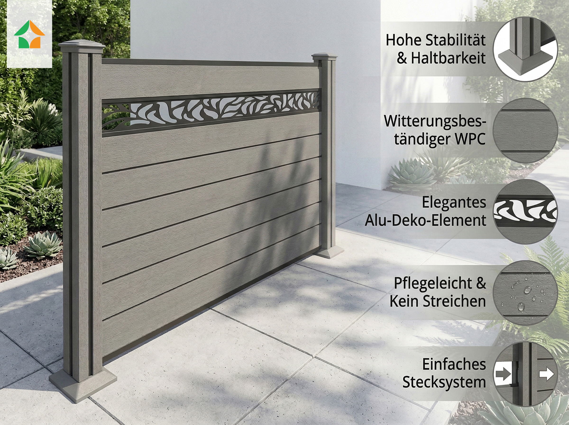 WPC-Sichtschutzzaun Valla Alu Dekor - 1x Element + 2 Pfosten -190 x 130 cm