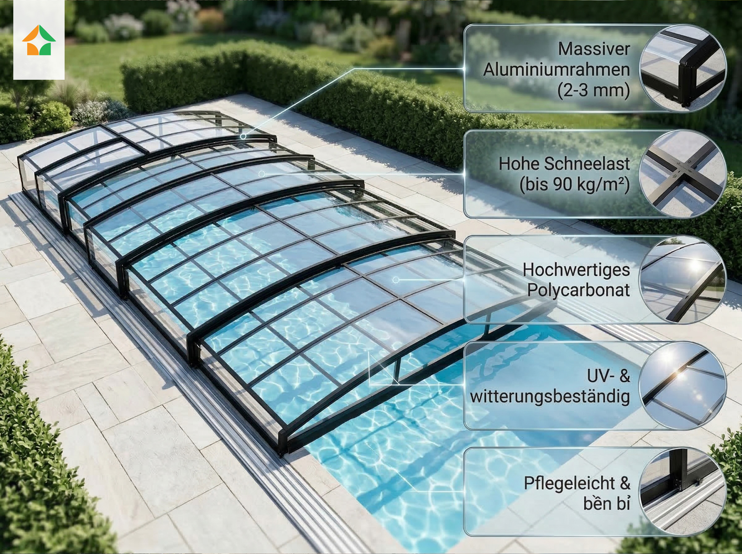 Poolüberdachung Aqualina aus Aluminium, ca. 8,81 x 4,26 x 0,92 m