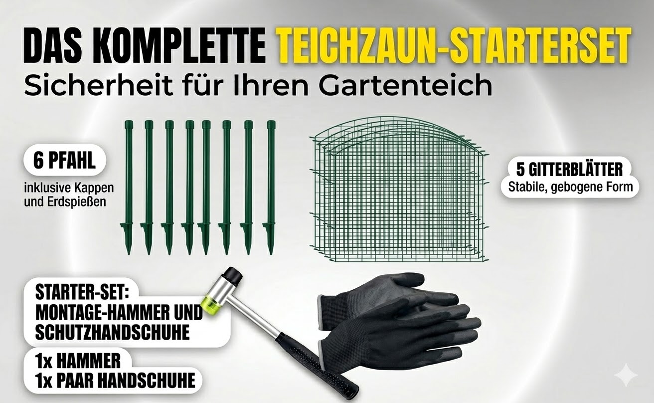 Teichzaun Oberbogen - 5x Element +6x Pfosten + Starter Set- Grün
